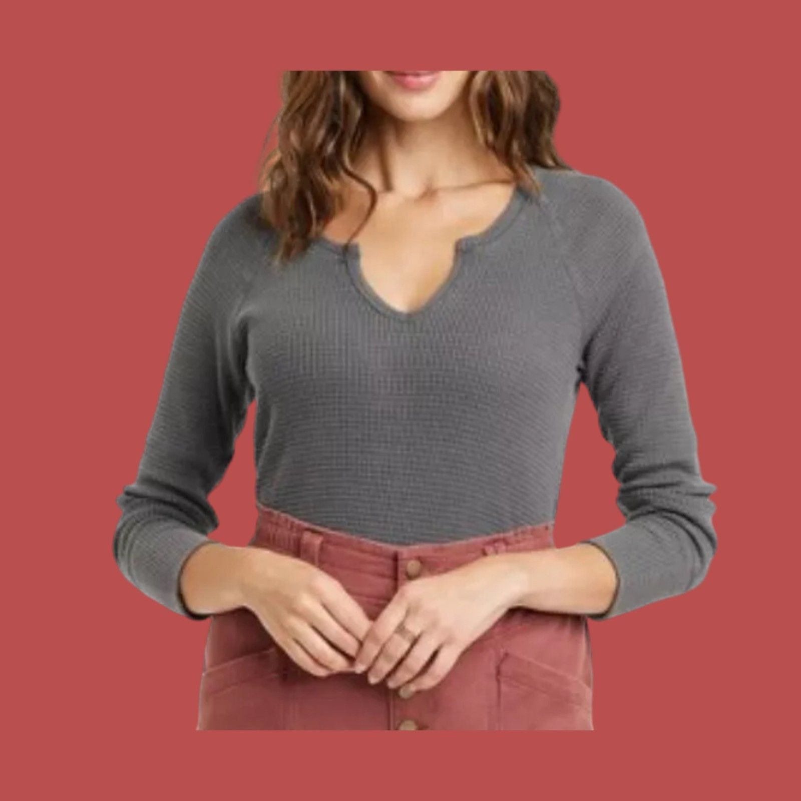 Other Knox Rose - Women's Long Sleeve Notch Neck Thermal Top - Dar Size M / US 6-8 / IT 42-44 - 1 Thumbnail