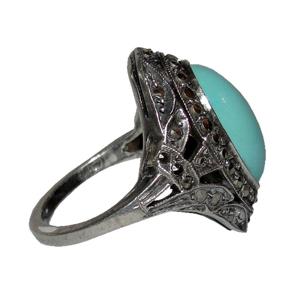 Designer Art Deco Sterling Marcasite and Turquoise Ring Size ONE SIZE - 6 Thumbnail