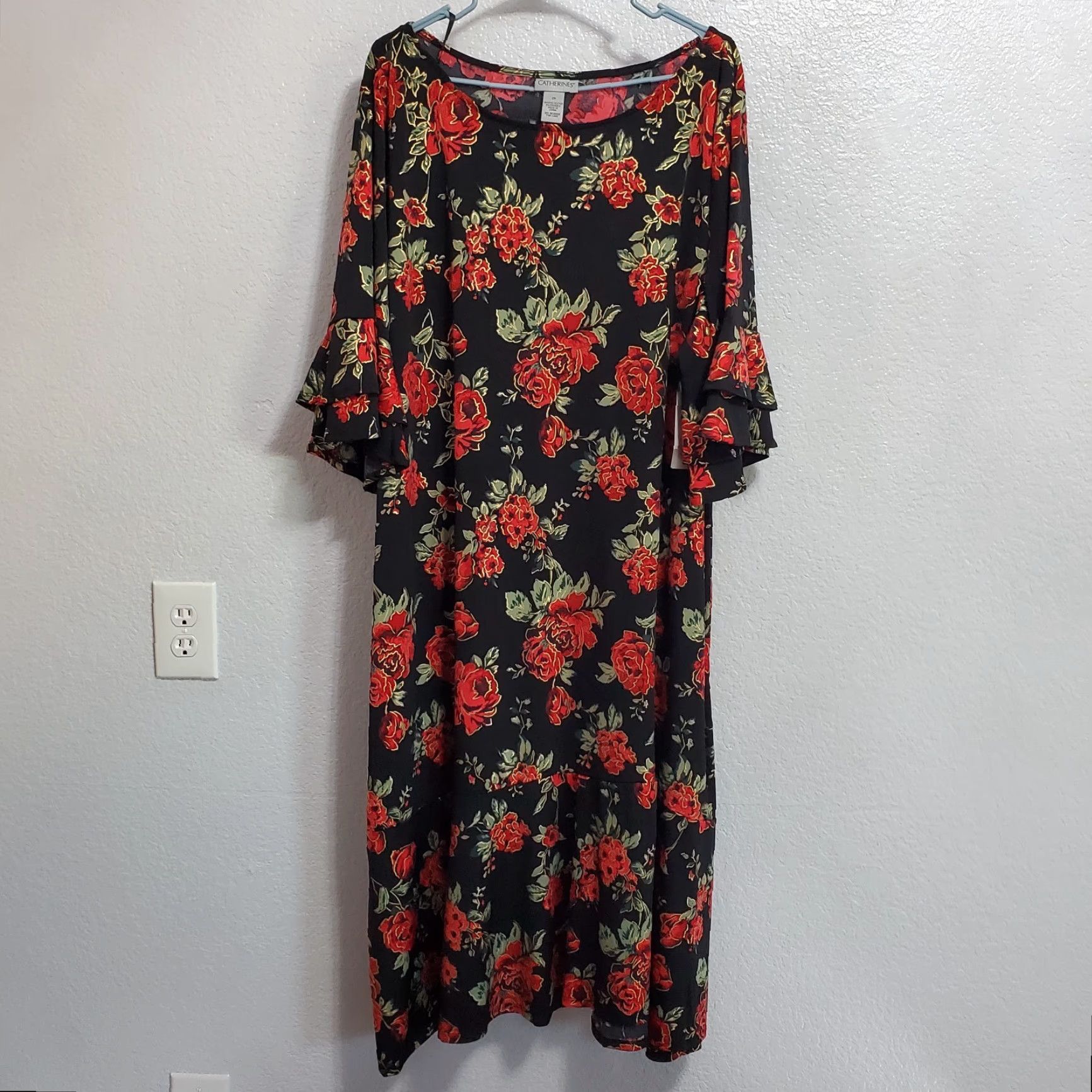 Vintage Catherines Dress Womens 2X Black Floral Ruffle Sleeve Pullover Knee Length Round Neck Womens Size XXL / US 16-18 / IT 52-54 - 2 Thumbnail