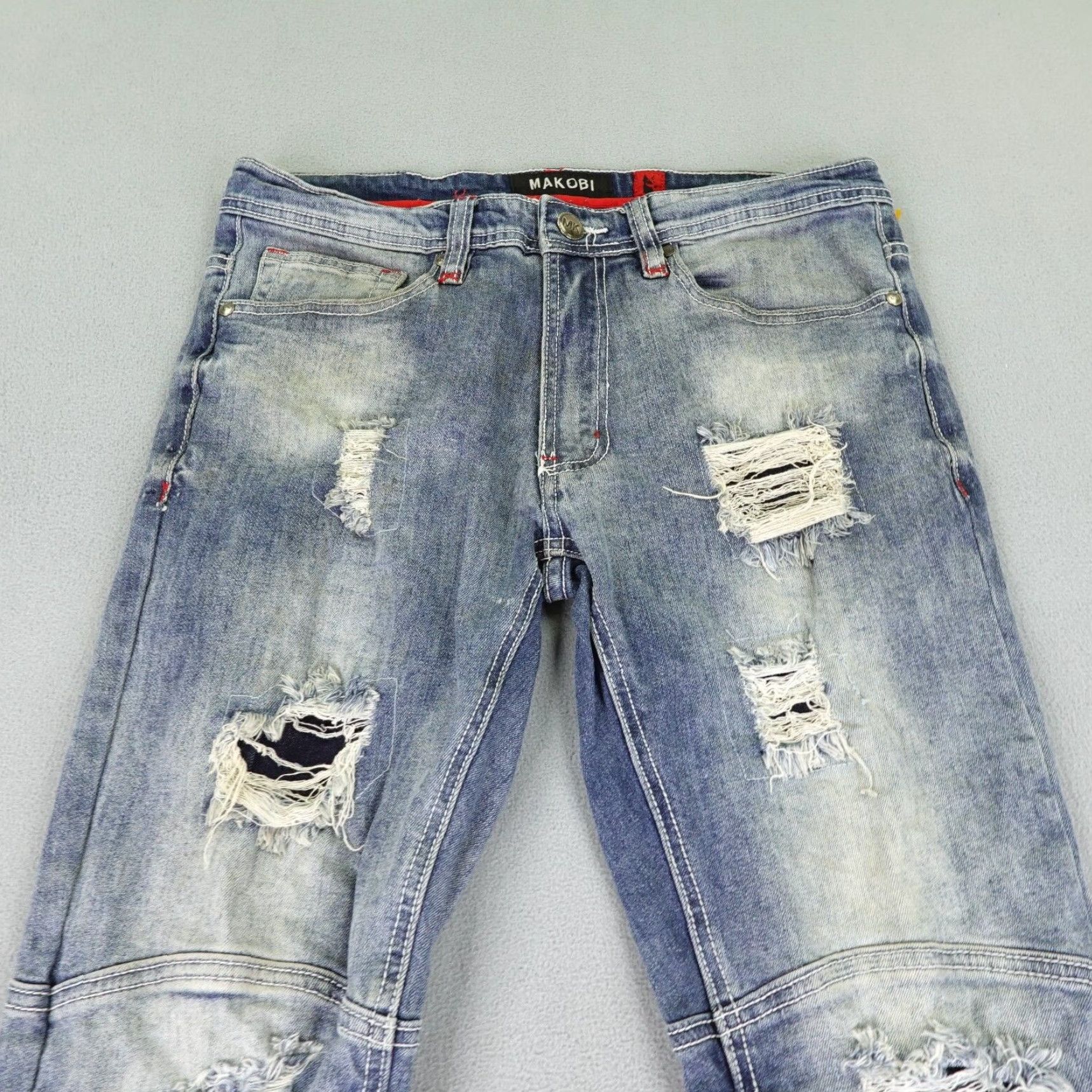 Denime VINTAGE Makobi Men's Jeans Straight Fit 32x30 Blue Denim Distressed Cotton Blend Mid 2010s Mens Size US 33 - 2 Thumbnail