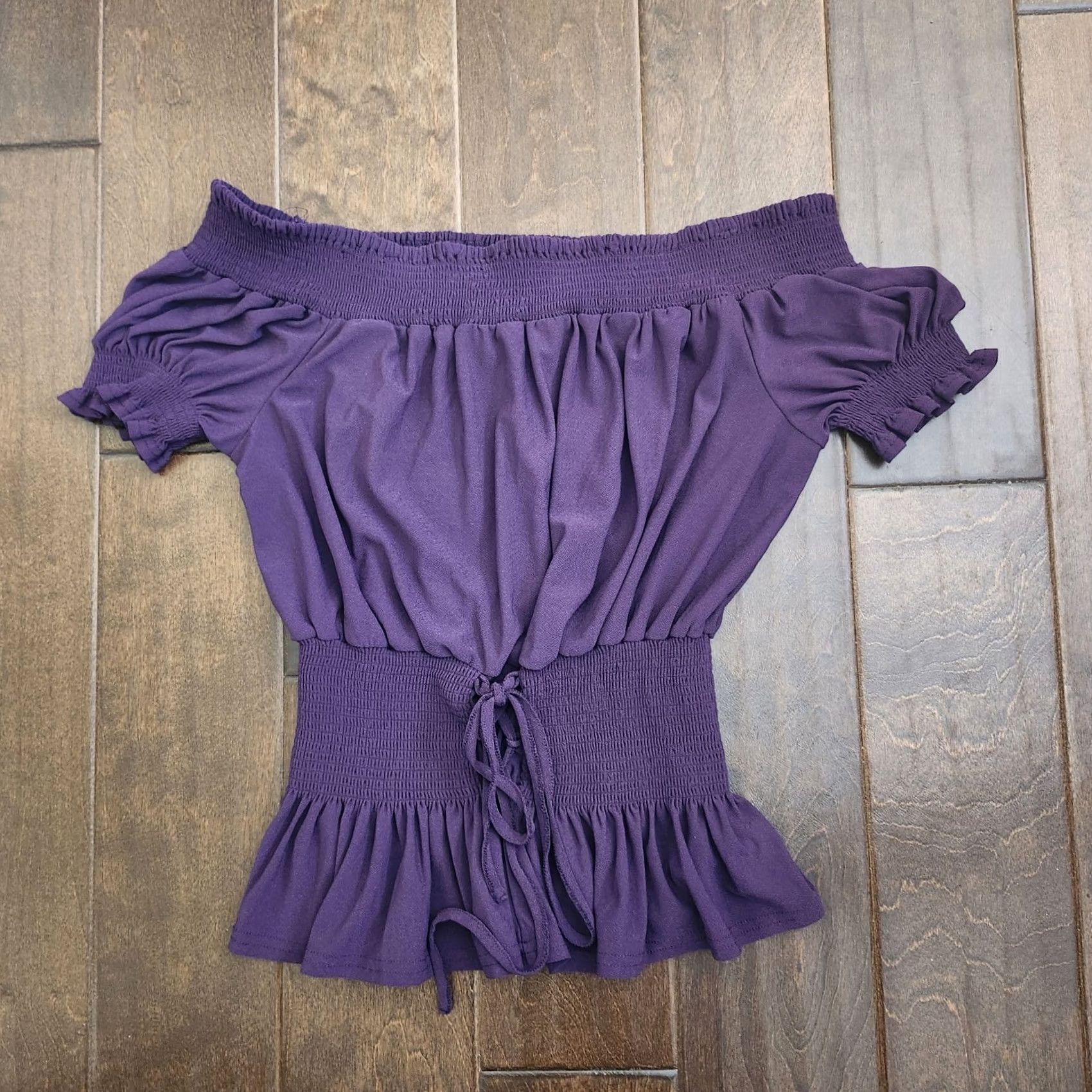 Vintage Sweet Wanderer Purple off Shoulder Top Short Sleeve L Juniors Elastic Waist Zig Zag Laced Up Bow Tie Blouse Size L / US 10 / IT 46 - 2 Thumbnail