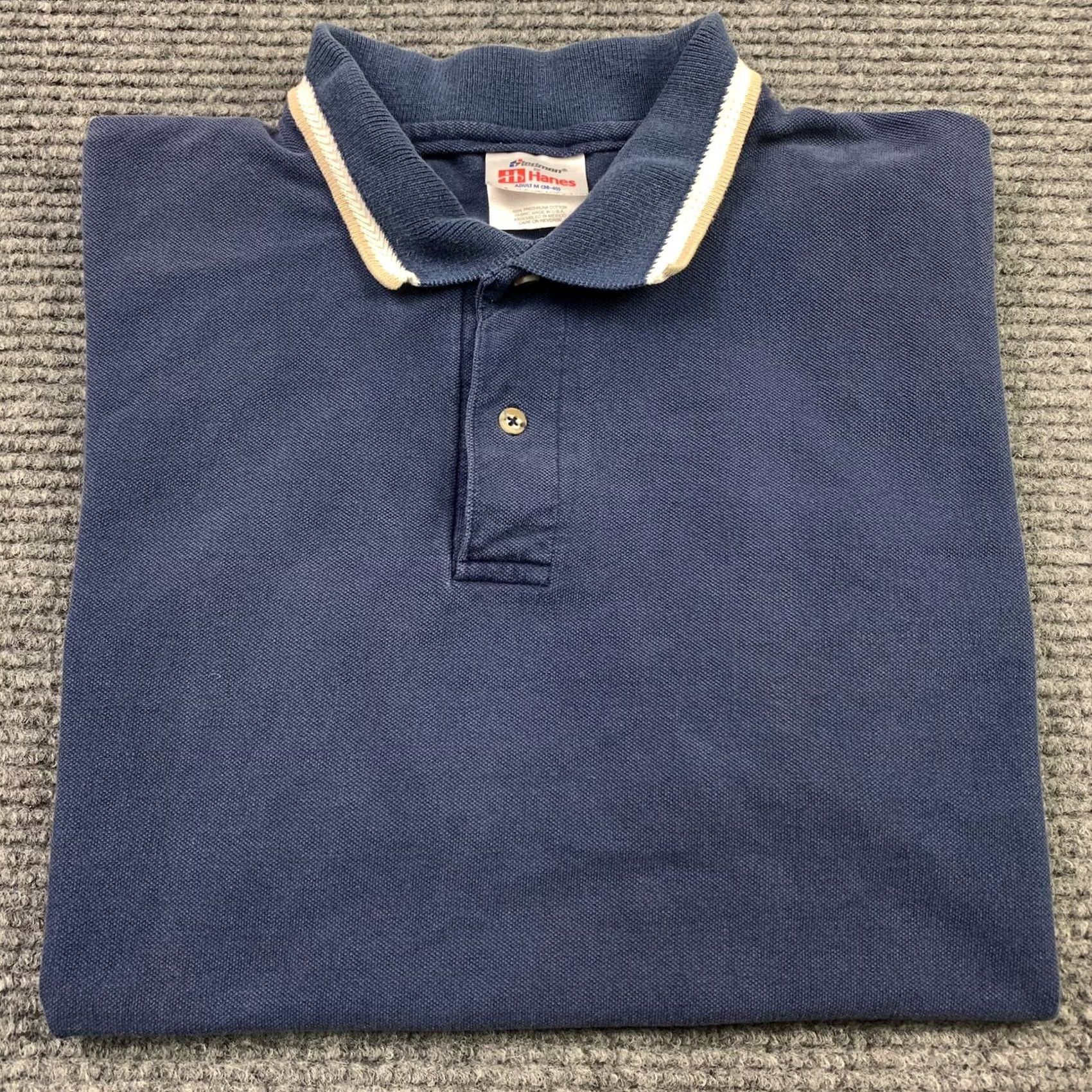 Hanes VINTAGE Hanes Stedman By Hanes Polo Shirt Striped Cuffs Short Sleeve Adult Medium Blue Men’s Polo Size US M / EU 48-50 / 2 - 7 Thumbnail