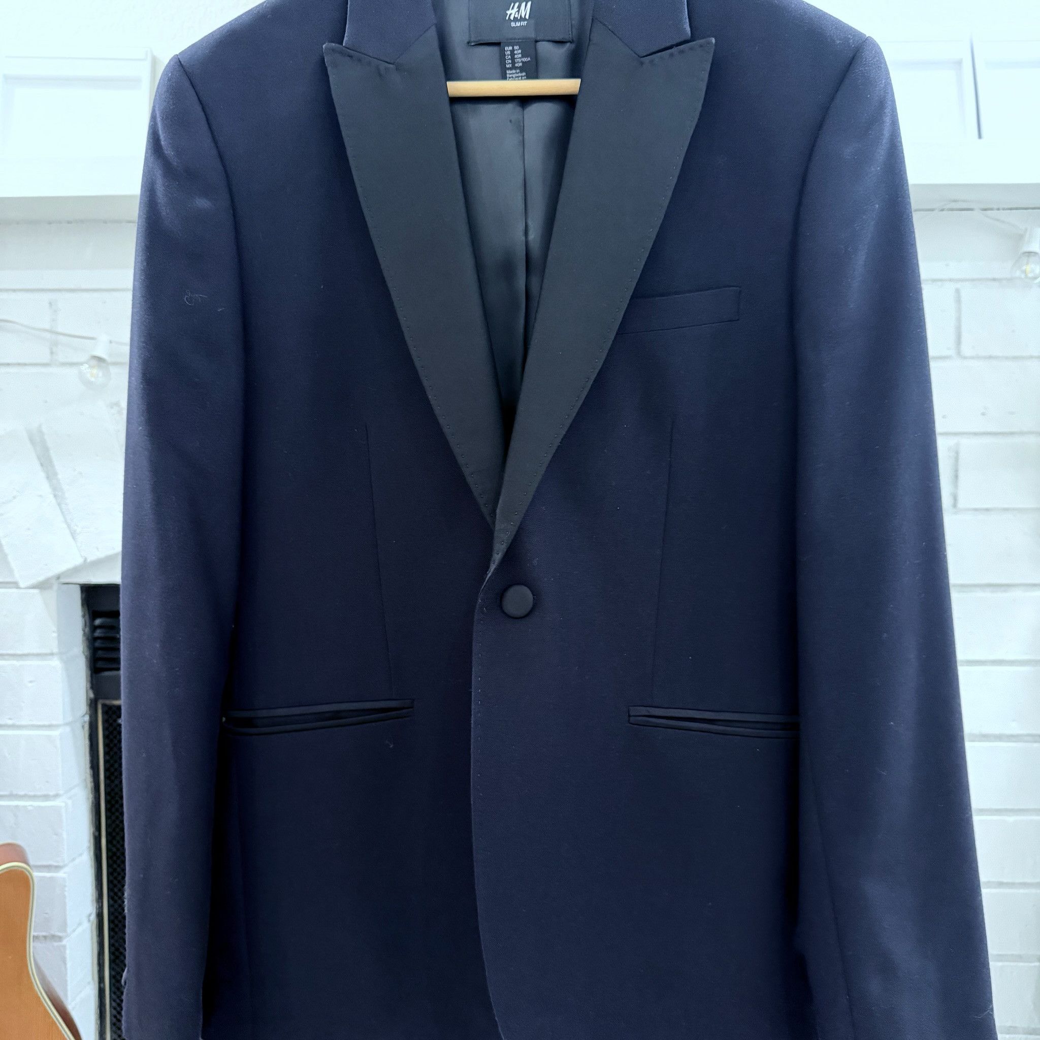 H&M H&M Slim Fit Dark Navy Blue Black Collar Tuxedo Suit Set Size 40R - 5 Thumbnail