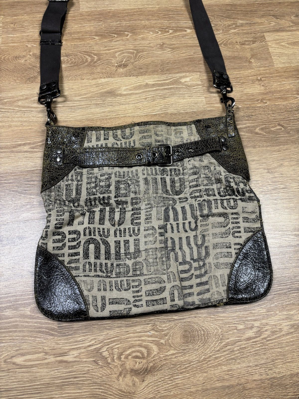 Miu Miu Miu Miu Logo Canvas & Crackled Leather Shoulder Bag Size ONE SIZE - 3 Thumbnail