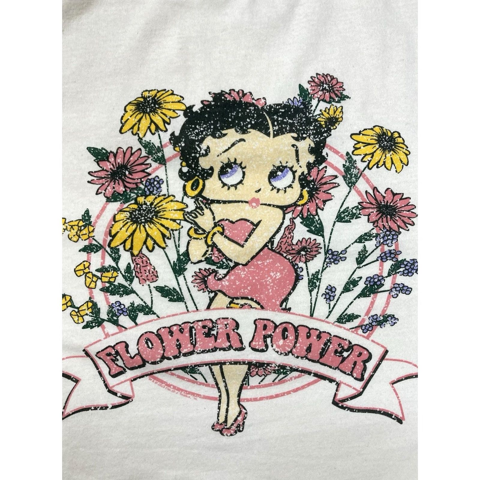 Vintage Betty Boop Flower Power Graphic T-shirt Women L Short Sleeve Crew Neck Pullover Casual 100% Cotton Ivory Size L / US 10 / IT 46 - 2 Thumbnail