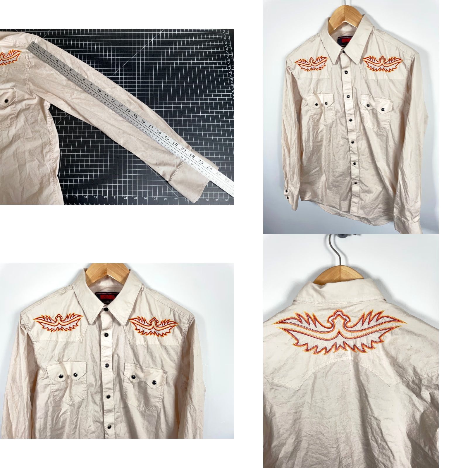 Denime VINTAGE Rock & Roll Denim Western Shirt Mens Large Beige Embroidered Pearl Snap Sawtooth Size US L / EU 52-54 / 3 - 8 Thumbnail