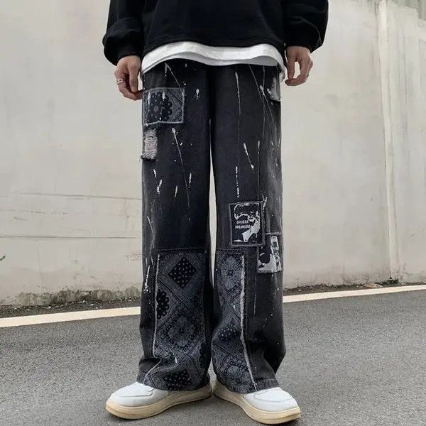 Jean Bandana Patchwork Straight Leg Baggy Jeans Size US 30 / EU 46 - 1 Thumbnail