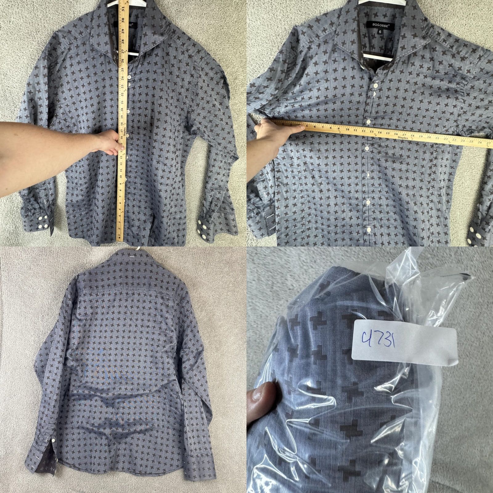 Vintage Bogosse Shirt Mens XL Blue Geometric Long Sleeve Button Front Dress Woven Size 46R - 8 Thumbnail