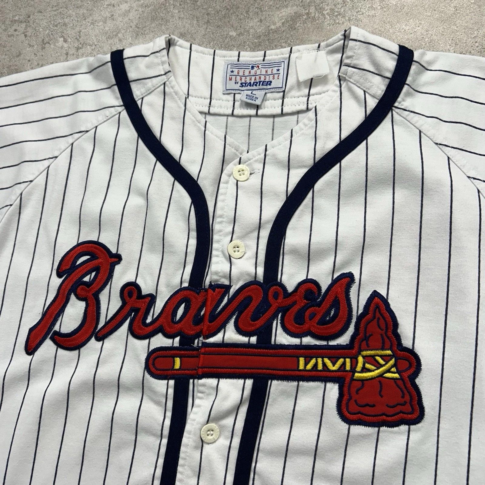 MLB × Starter × Vintage ATLANTA BRAVES TOM GLAVINE #42 STARTER PINSTRIPE JERSEY Size US L / EU 52-54 / 3 - 4 Thumbnail