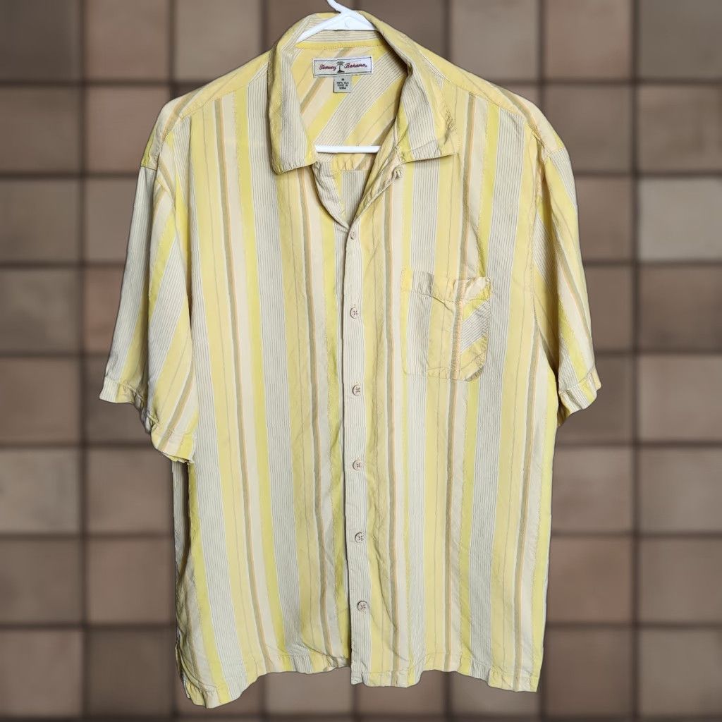 Tommy Bahama VINTAGE Tommy Bahama Mens 100% Silk Yellow Vertical Stripe SS Buttonfront Shirt M | Yellow | Silk | Beach, Tropical, Vacation | Mens, Button-Up, Shirt Size US M / EU 48-50 / 2 - 1 Thumbnail