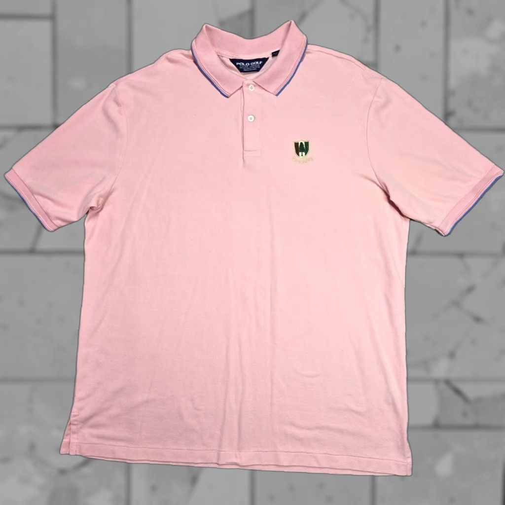 Polo Ralph Lauren VINTAGE Polo Ralph Lauren Polo Shirt Mens XL Pine Valley Pink Contrast Collar Trim Polo Golf Summer Sports Logo Affluent Pine Valley Mens XL Pink Blue Size US XL / EU 56 / 4 - 1 Thumbnail