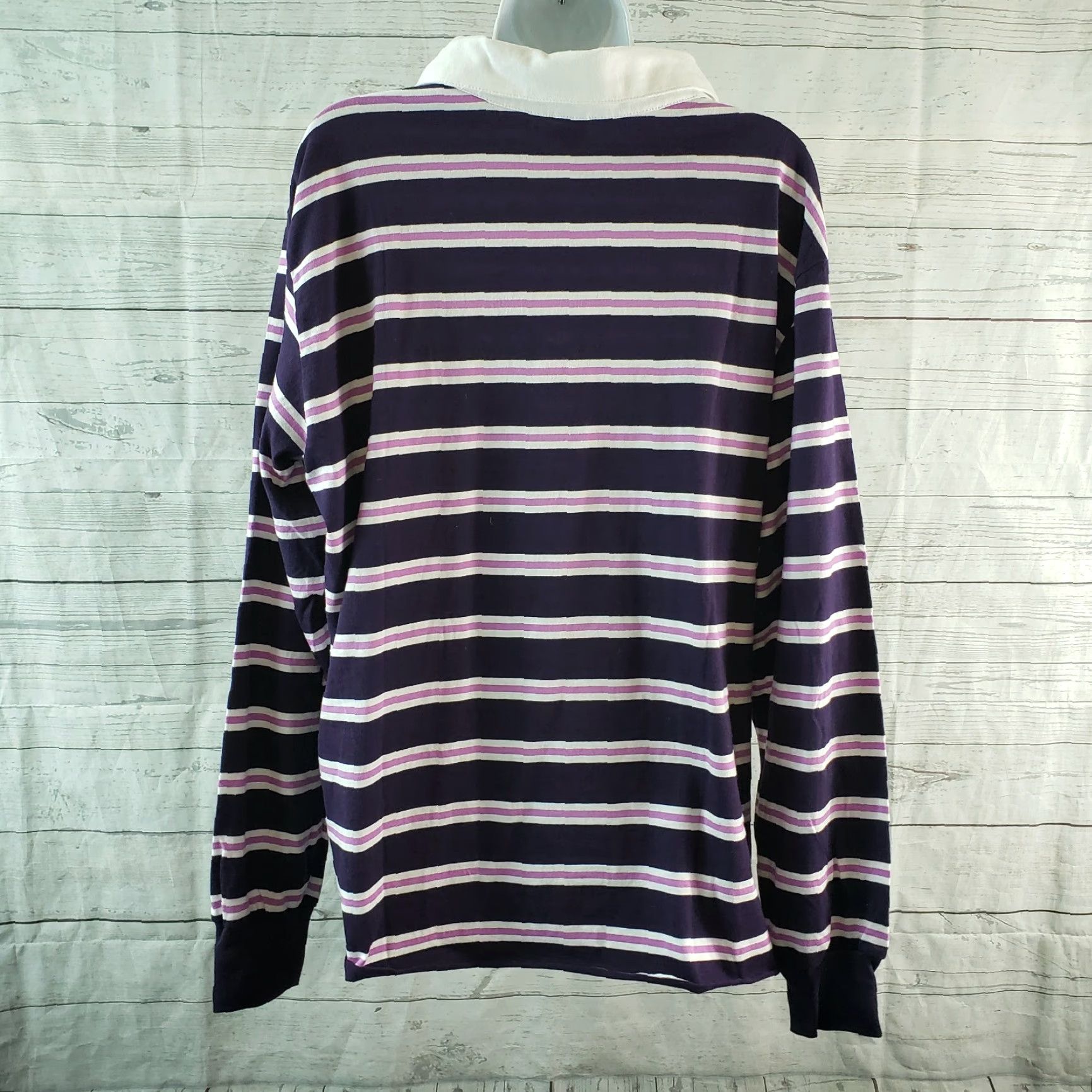 Vintage Wild Fable Womens Long Sleeve Polo Sz XL Purple White Striped Cotton Raw Hem Size XL / US 12-14 / IT 48-50 - 4 Thumbnail