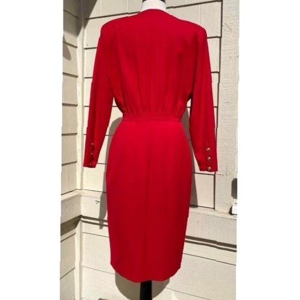 Valentino VINTAGE Valentino Miss V Red Wool Gold Button Front Dress 10 Women Pencil Dress Sheath Knee Length Modest 90s Mens? Size L / US 10 / IT 46 - 3 Thumbnail