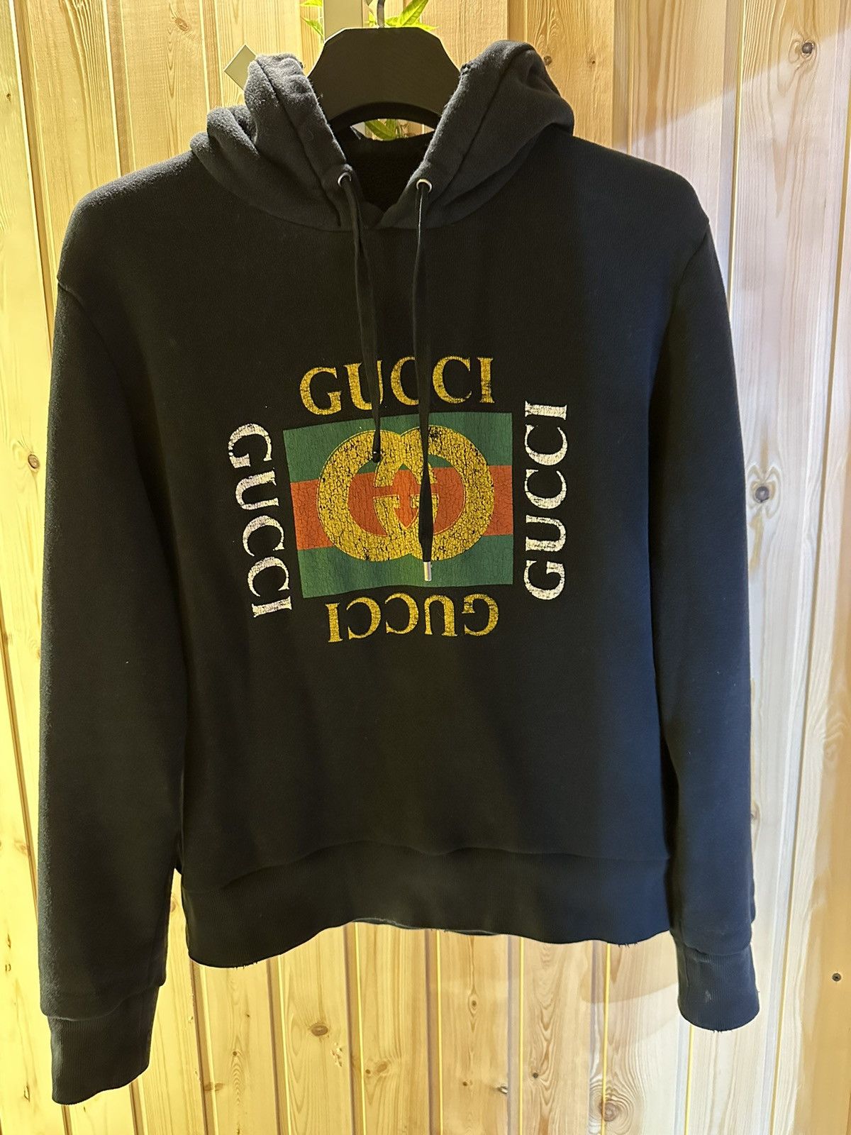 image of Gucci Vintage Processed Old Logo Print Hoodie in Black, Men's (Size XS)