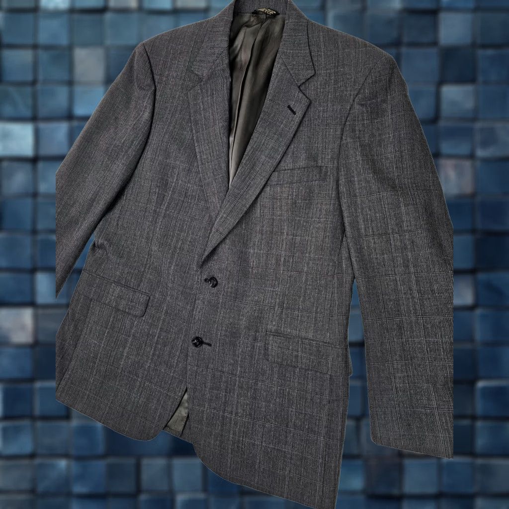 Vintage VINTAGE Sansabelt Wool Blazer Jacket Blazer Men 44 Regular Gray Windowpane Plaid Union Made EUC Sports Coat Blazer Mens Size 44R - 1 Thumbnail