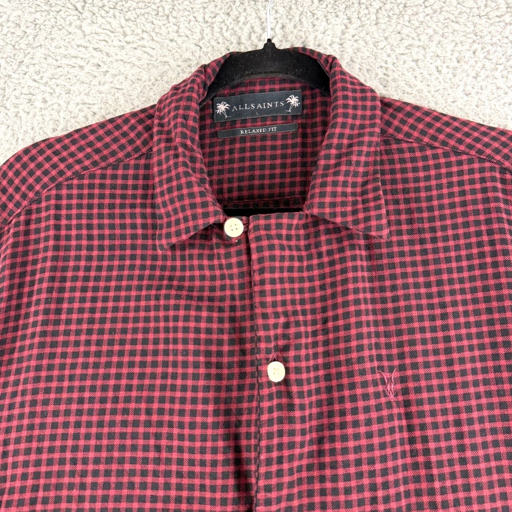 Allsaints AllSaints Glendale Shirt Mens Large Red Black Gingham Relaxed Fit Wool SS Size US L / EU 52-54 / 3 - 2 Thumbnail