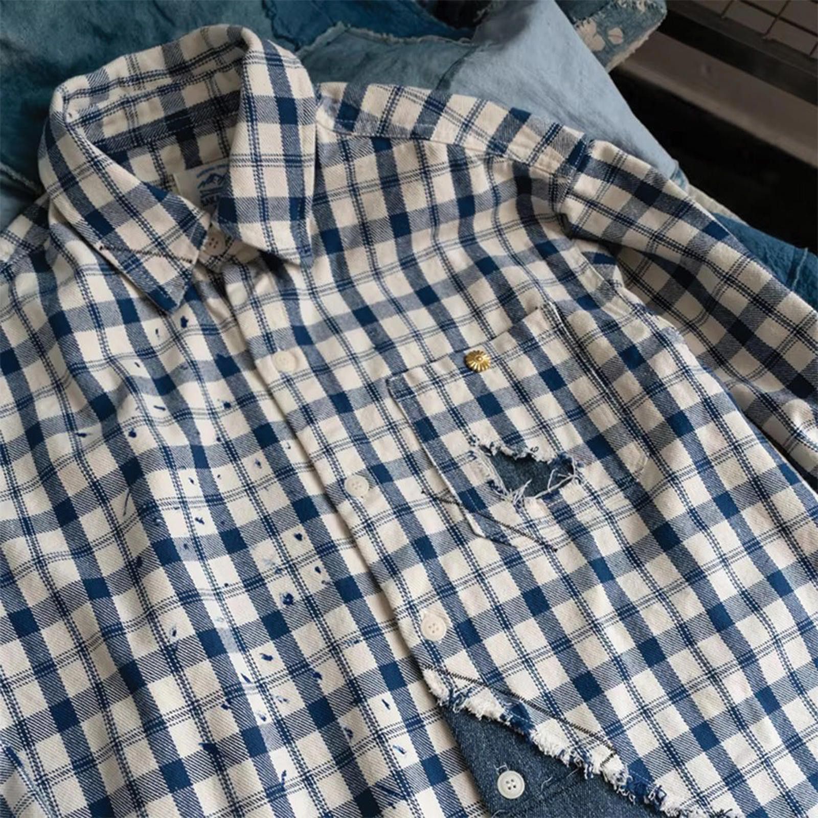 Other Plaid Denim Jean Patchwork Clash Shirt Size US L / EU 52-54 / 3 - 3 Thumbnail