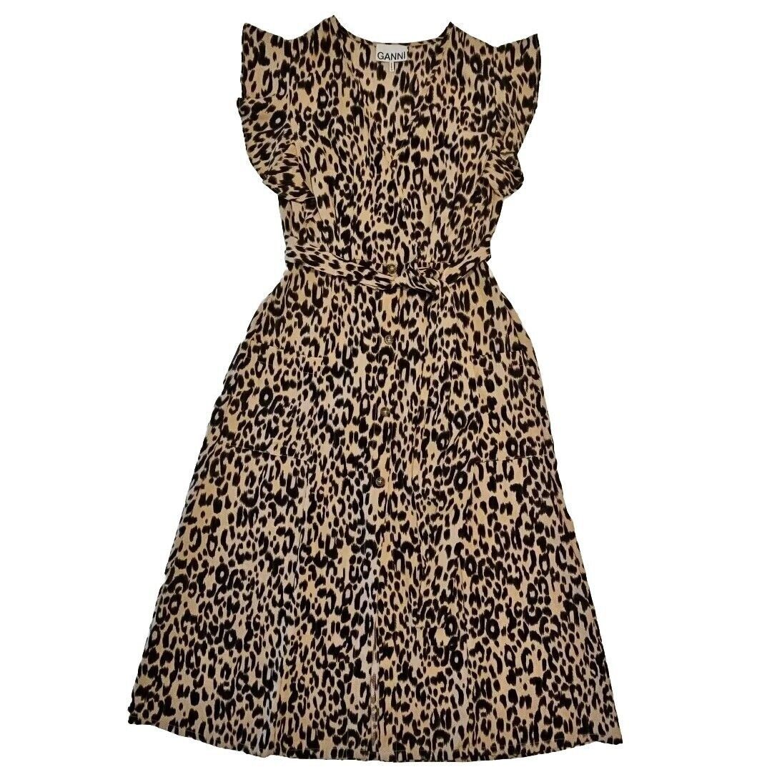 Ganni Ganni Midi Dress Womens 36 Cotton Leopard Print Ruffle Sleev Size XS / US 0-2 / IT 36-38 - 1 Thumbnail