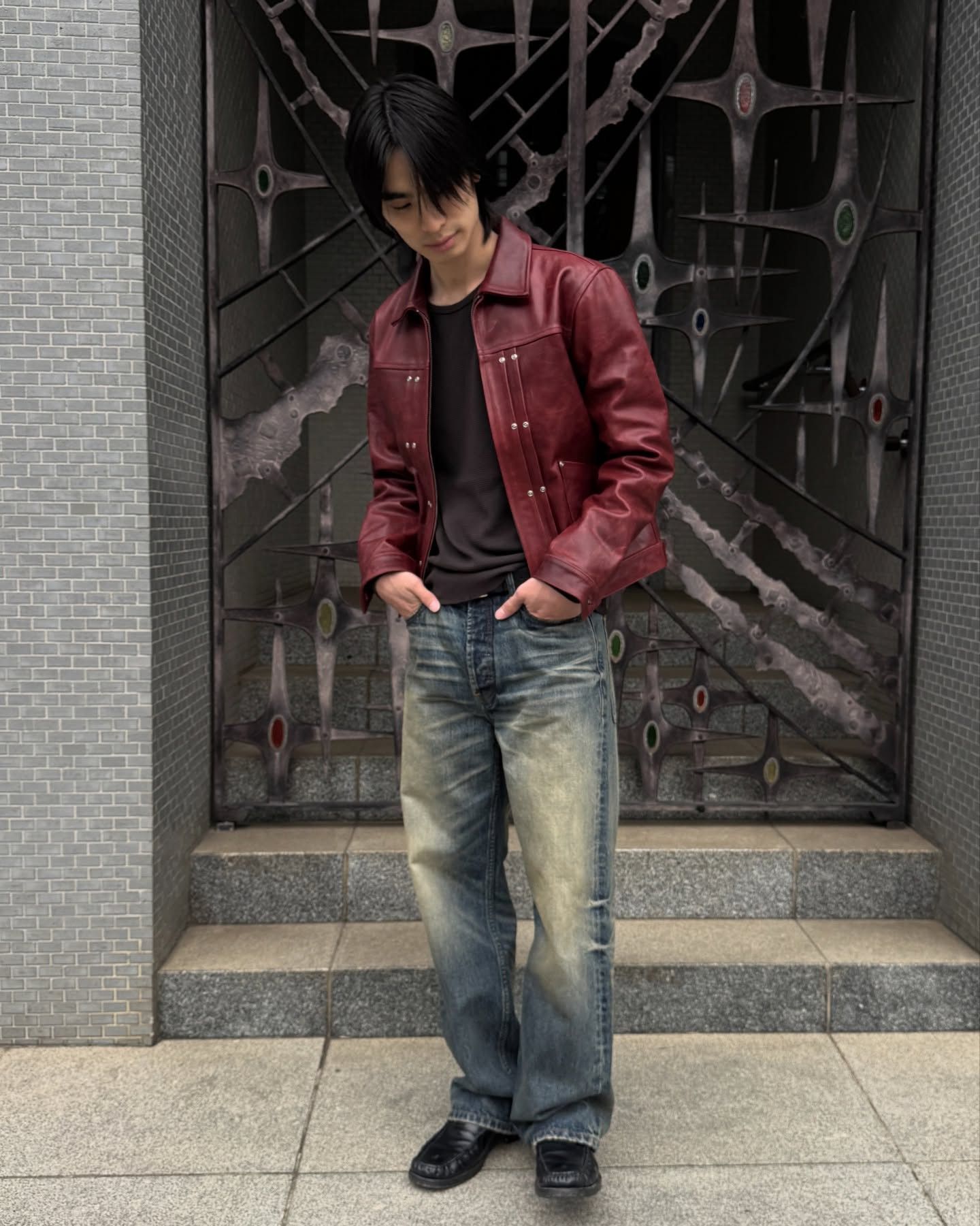 No Maintenance 💚 No Maintenance Double Rivet Leather Jacket Oxblood NEW Size US M / EU 48-50 / 2 - 4 Thumbnail