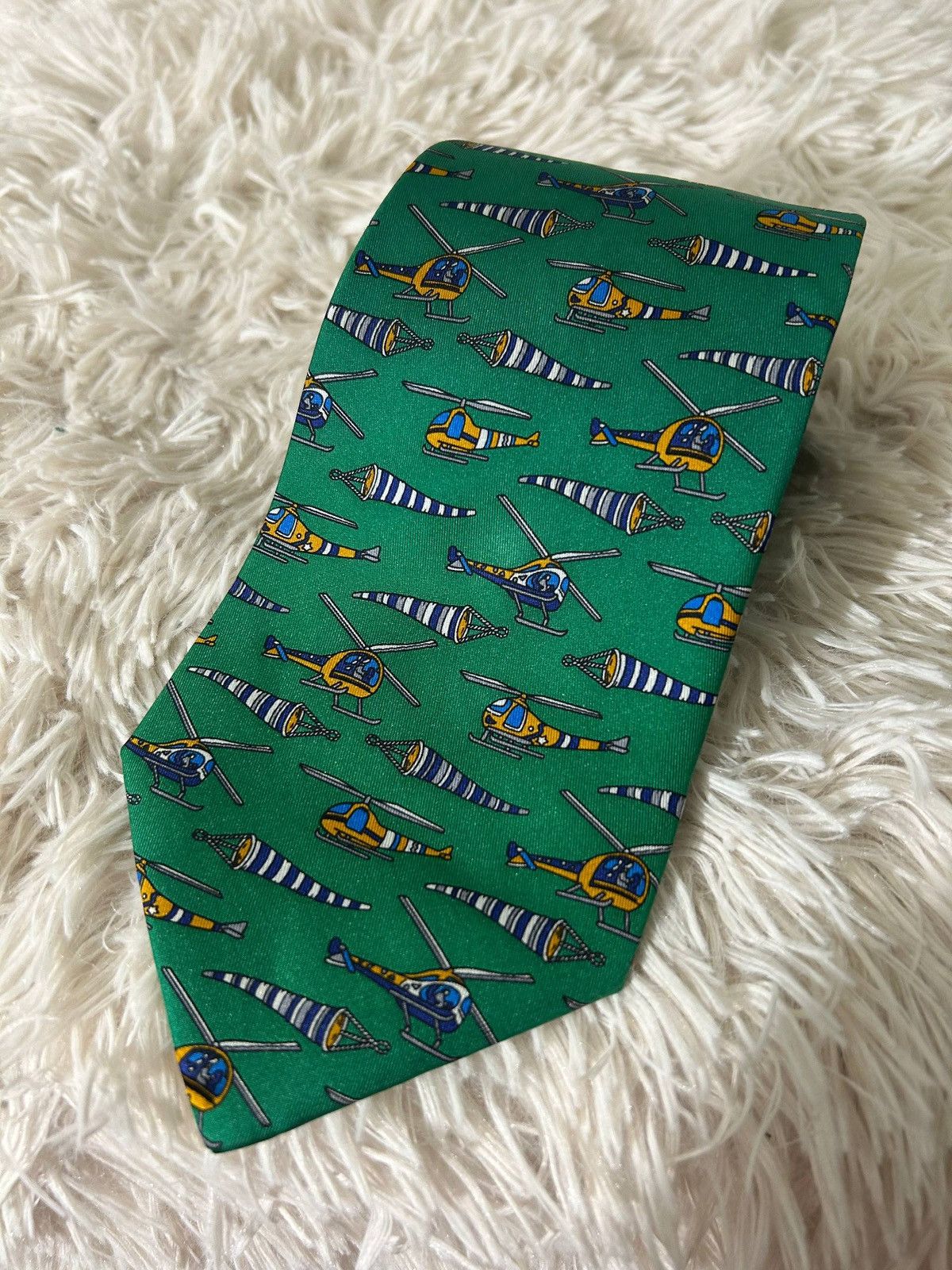 Salvatore Ferragamo SALVATORE FERRAGAMO Helicopter Green Silk Tie VINTAGE Size ONE SIZE - 1 Thumbnail
