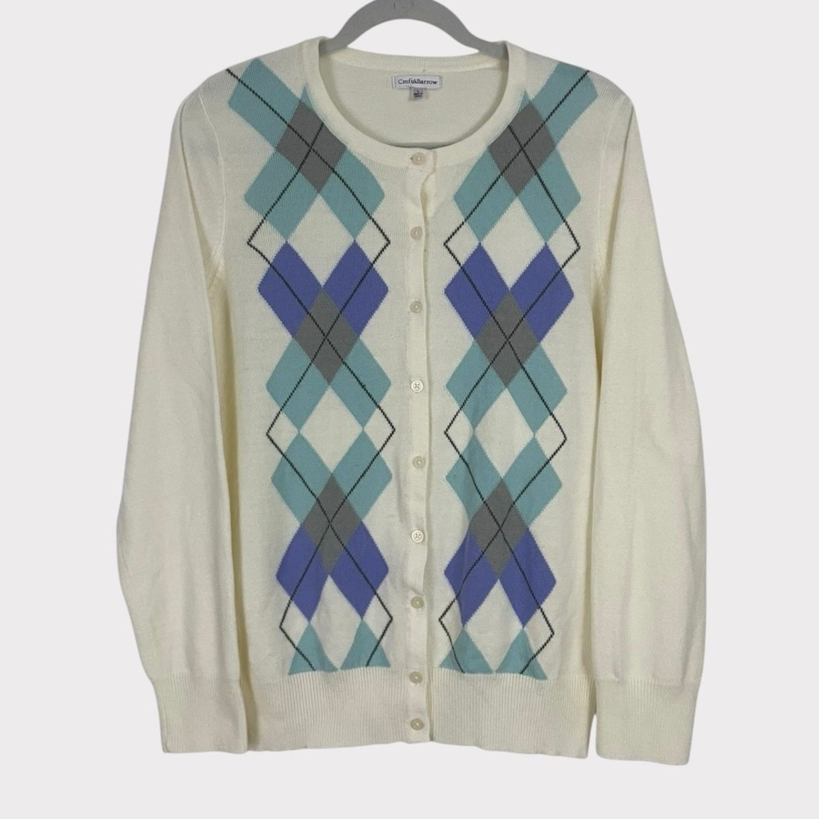 Croft & Barrow Croft & Barrow Cream and Blue Argyle Button Down Sweater Size L / US 10 / IT 46 - 1 Thumbnail