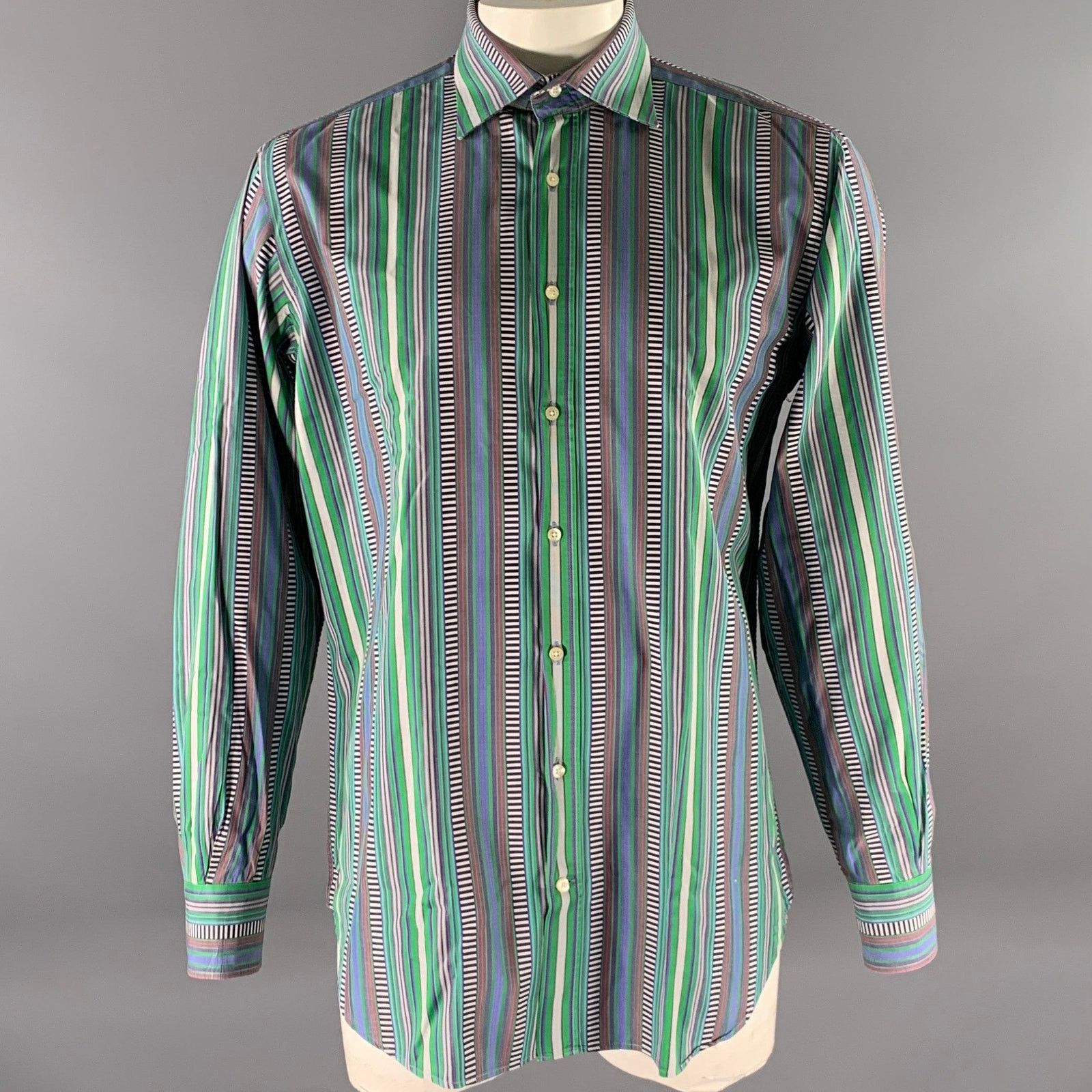 Etro ETRO Size L Green Mixed Stripe Cotton Long Sleeve Shirt Size US XL / EU 56 / 4 - 1 Thumbnail