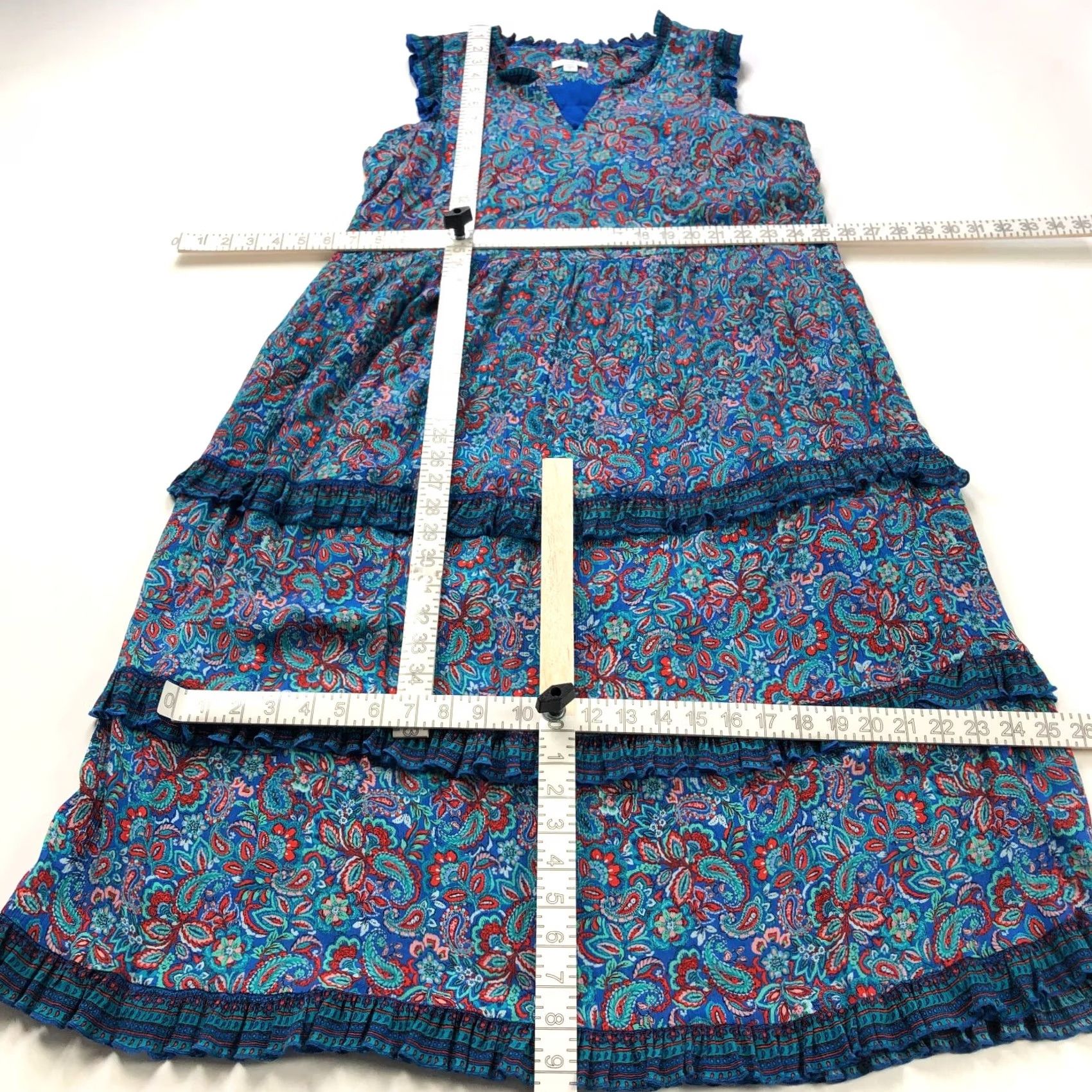 J. Jill J. Jill PM Petite 100% Rayon Paisley Ruffled Tiered Below Knee Dress Blue MINT Dress Size M / US 6-8 / IT 42-44 - 3 Thumbnail