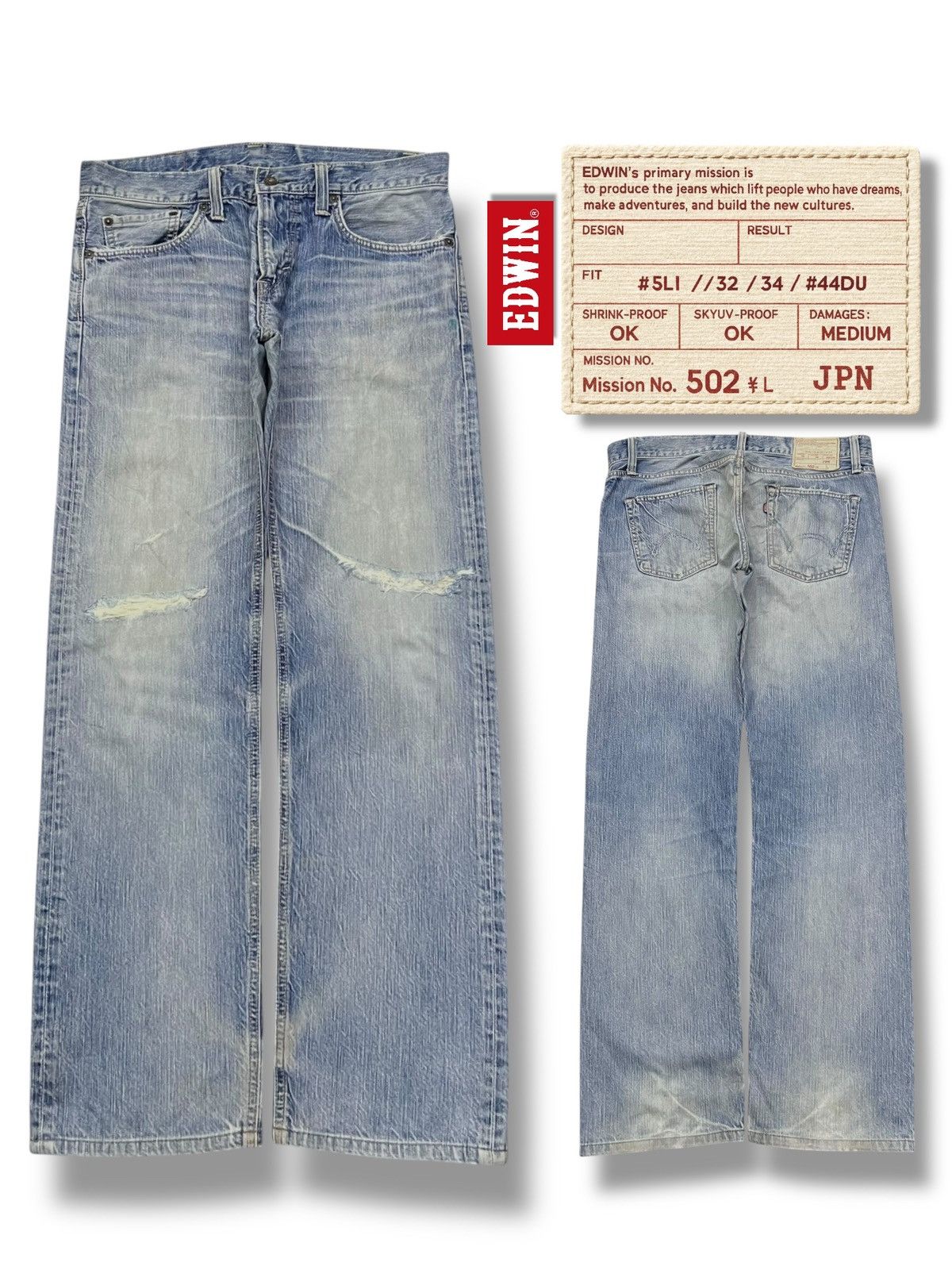 Edwin Vintage Edwin 502 RV - Faded Light Blue Wash, Distressed Size US 35 - 1 Thumbnail