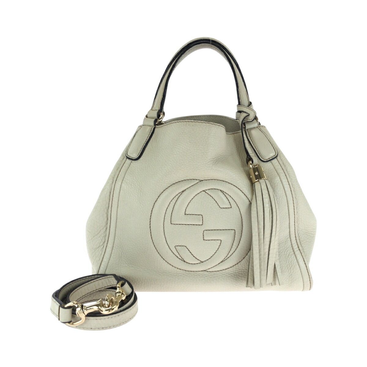 Gucci Gucci Leather Soho Interlocking Fringe 2Way Bag 386751 Leather Shoulder Bag 386751 in Beige, Women's