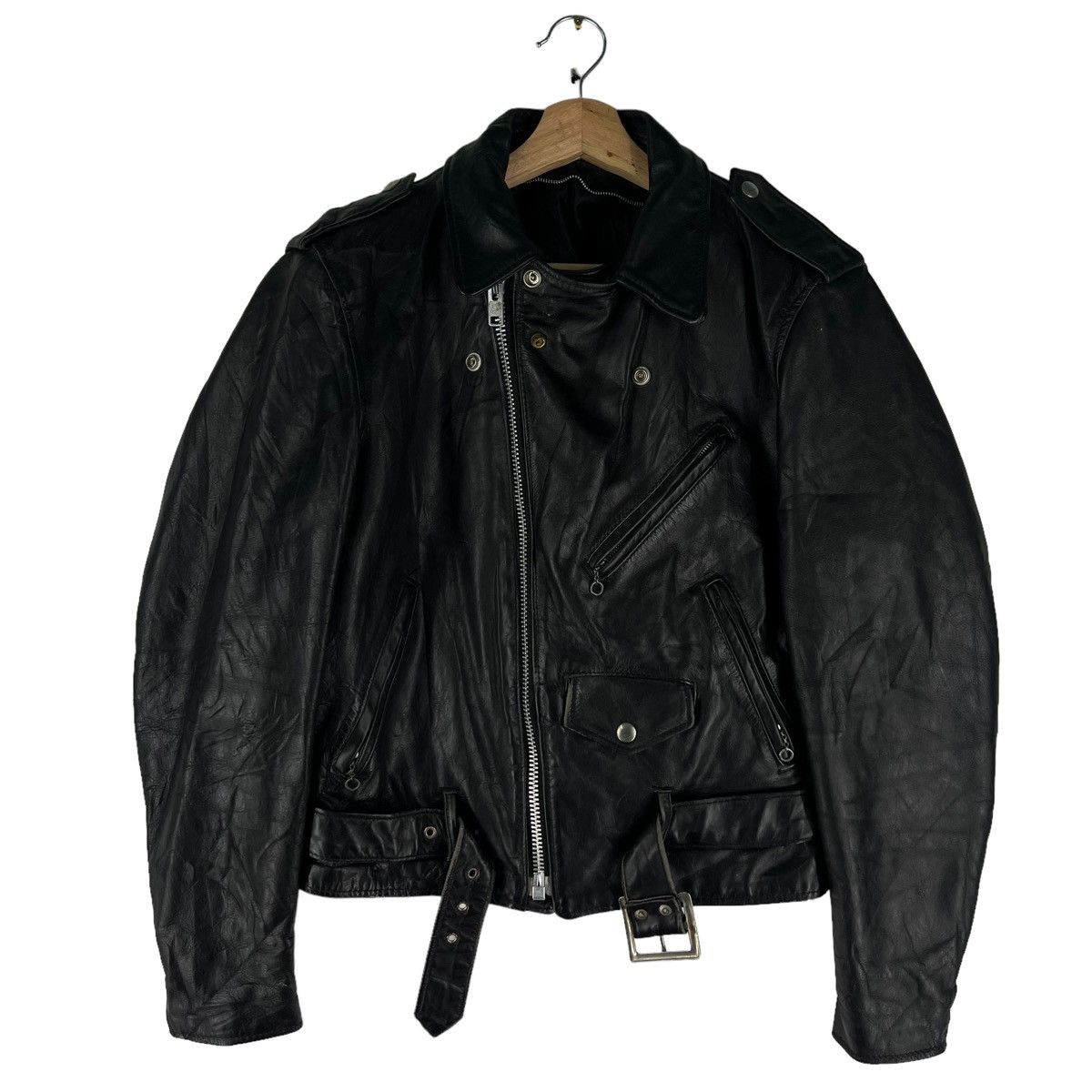 Schott 🔥VINTAGE BIKER LEATHER JACKET SCHOTT DOUBLE BREAST COLLAR Size US M / EU 48-50 / 2 - 3 Thumbnail