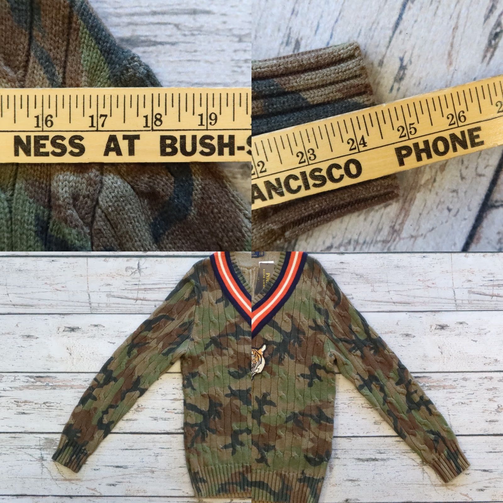 Polo Ralph Lauren Polo Ralph Lauren Tiger Patch Camo Cable Knit Varsity V Neck Sweater Size S Size US S / EU 44-46 / 1 - 8 Thumbnail