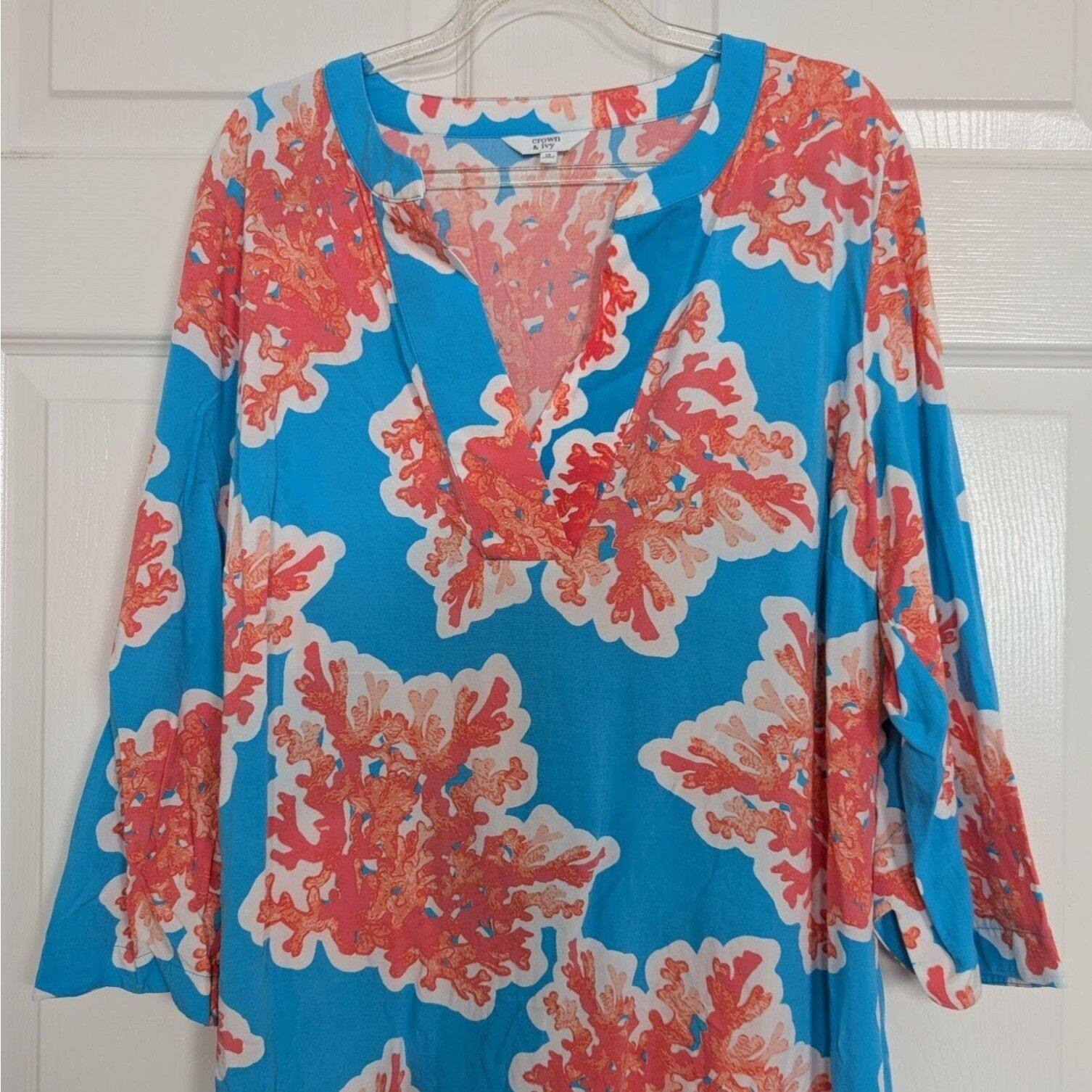 Designer Crown & Ivy Coral Dress Womens Size 12 Blue Pink Tropical Size XL / US 12-14 / IT 48-50 - 2 Thumbnail