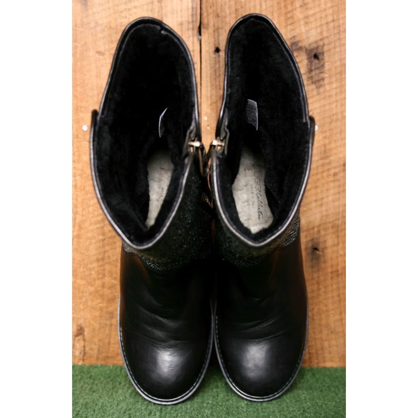 Ugg UGG Black Leather & Herringbone Wool Fur Lined Boots High Heel Wedge Sz. 8 Womens Mid-Calf Zip Leather Wool Shearling Style Size US 7 / IT 37 - 4 Thumbnail