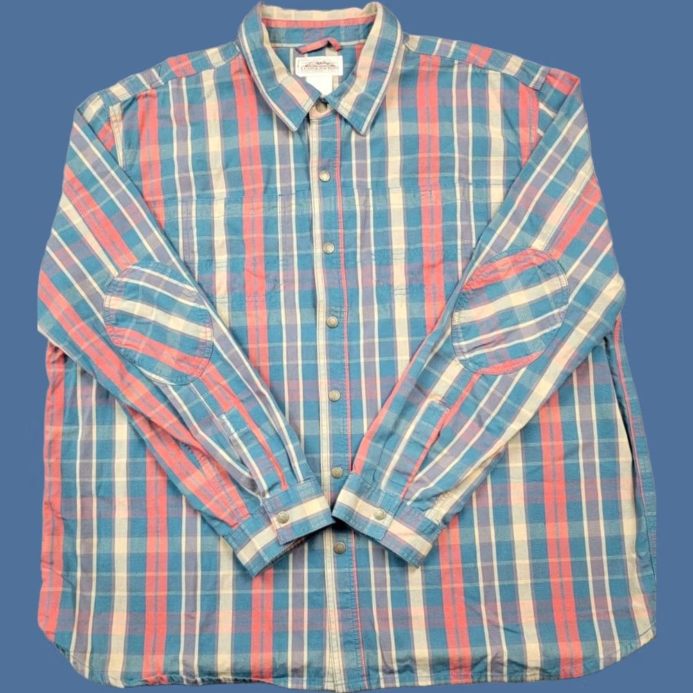 Vintage L.L. Bean Katahdin Iron Works Shirt Mens 2XL Blue Orange Plaid Elbow Patches Button-Up Casual Travel Workwear Set Size US XXL / EU 58 / 5 - 1 Thumbnail