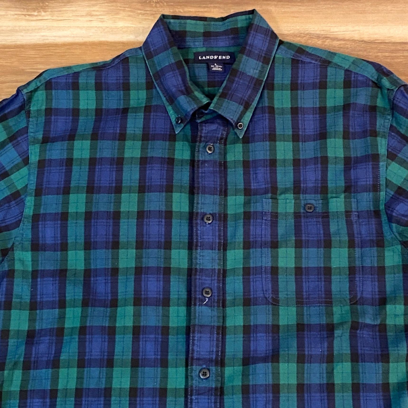 Lands' End Lands' End Oxford Shirt Mens Large Button-Down Plaid Tartan Blackwatch Cotton Flannel Long Sleeve Chest Pocket Casual Button-Up Classic Collar-Down Size US L / EU 52-54 / 3 - 2 Thumbnail