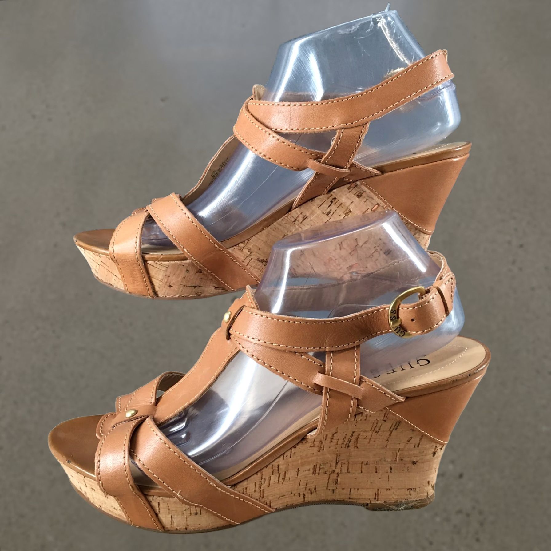 Guess Guess Heels Womens 10 M Wglair Wedge Platform Cork Brown Leather Buckle Strap Shoes Size US 10 / IT 40 - 1 Thumbnail