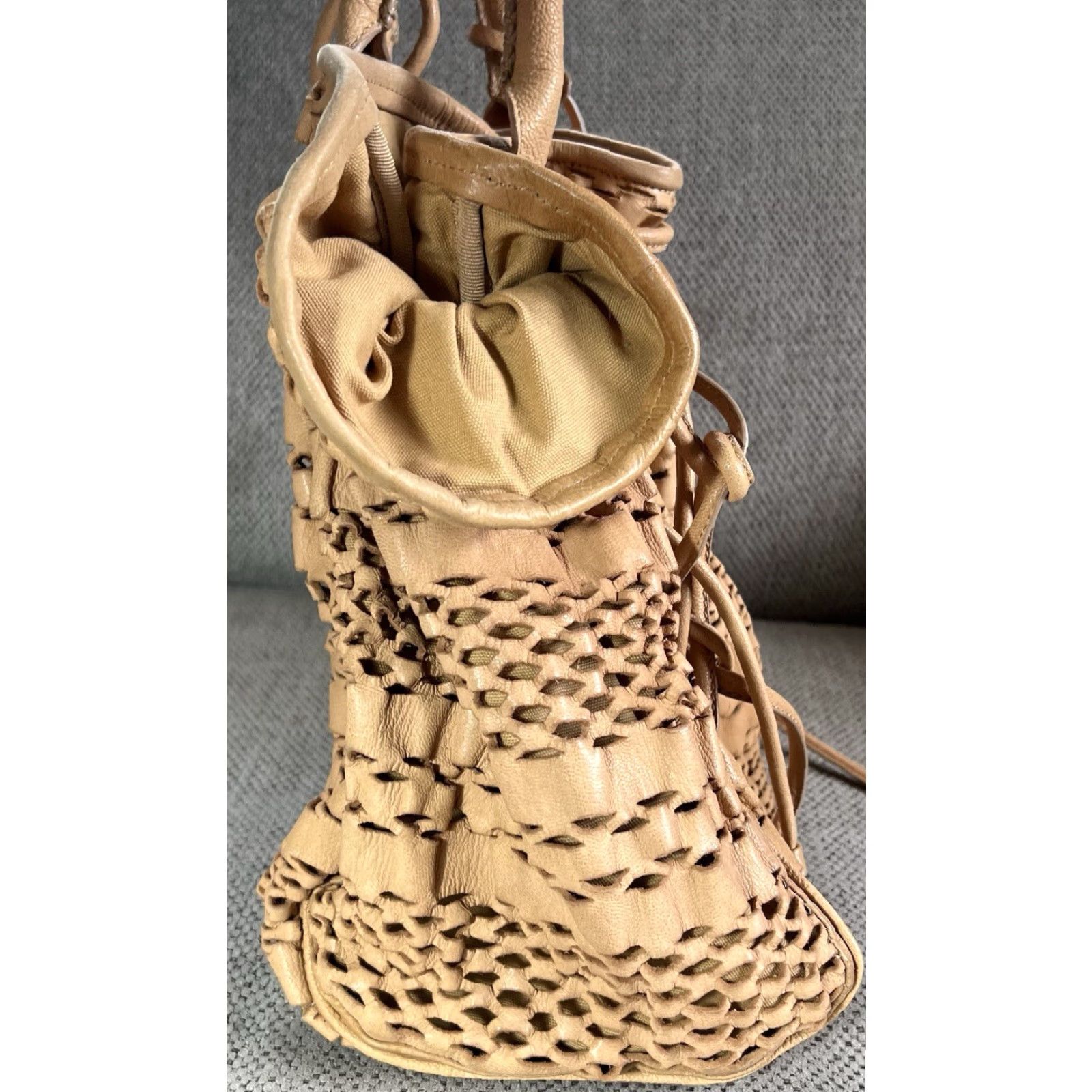Jean Paul Gaultier NICE! Jean Paul Gaultier Tan Leather Netting Bucket Bag Shoulder Bag Women Large Beige Canvas Lining Bag Charm 14” tall 15” wide 5” deep 9” strap drop Size 36" / US 14 / IT 50 - 3 Thumbnail