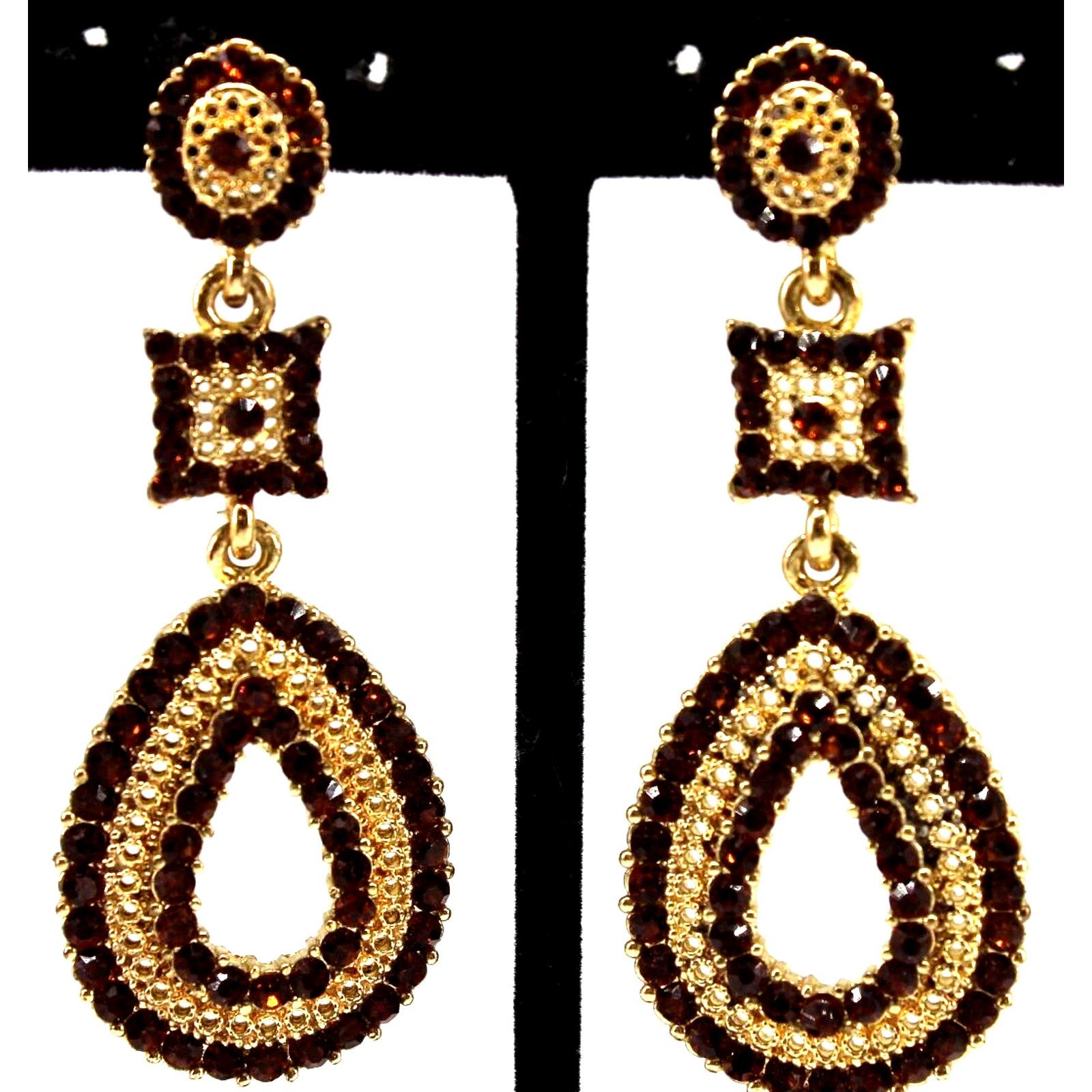 Other Root Beer Brown Rhinestone Earrings •Goldtone Pierced 2-1/2" Size ONE SIZE - 1 Thumbnail