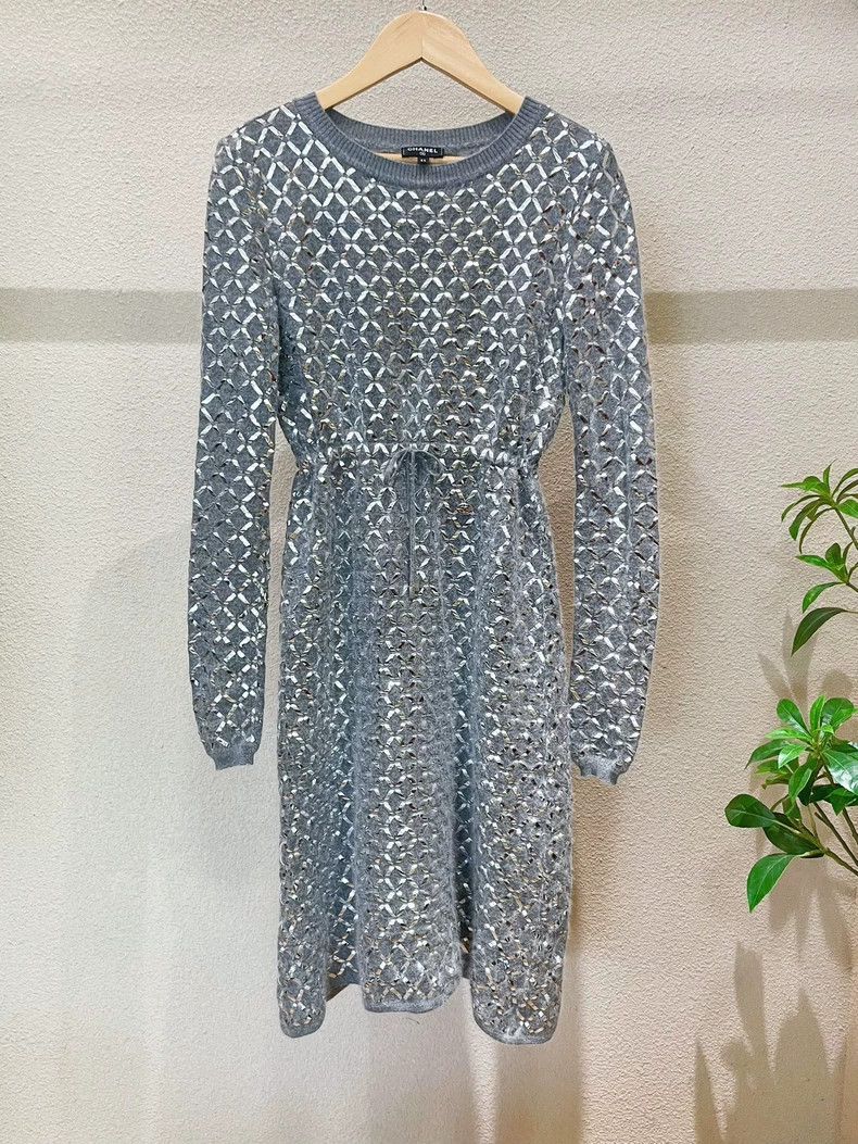 Chanel Chanel Gray silver silk plaid dress Size XXS / US 00 / IT 34 - 1 Thumbnail