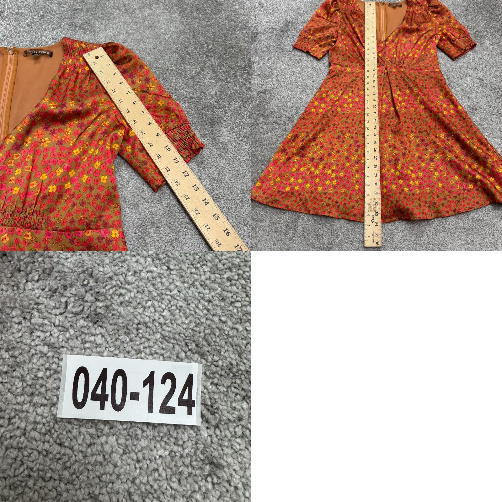 Vintage Honey Punch Dress Womens Large A-Line Mini Floral Rust Brown Puff Short Sleeve Size 36" / US 14 / IT 50 - 9 Thumbnail