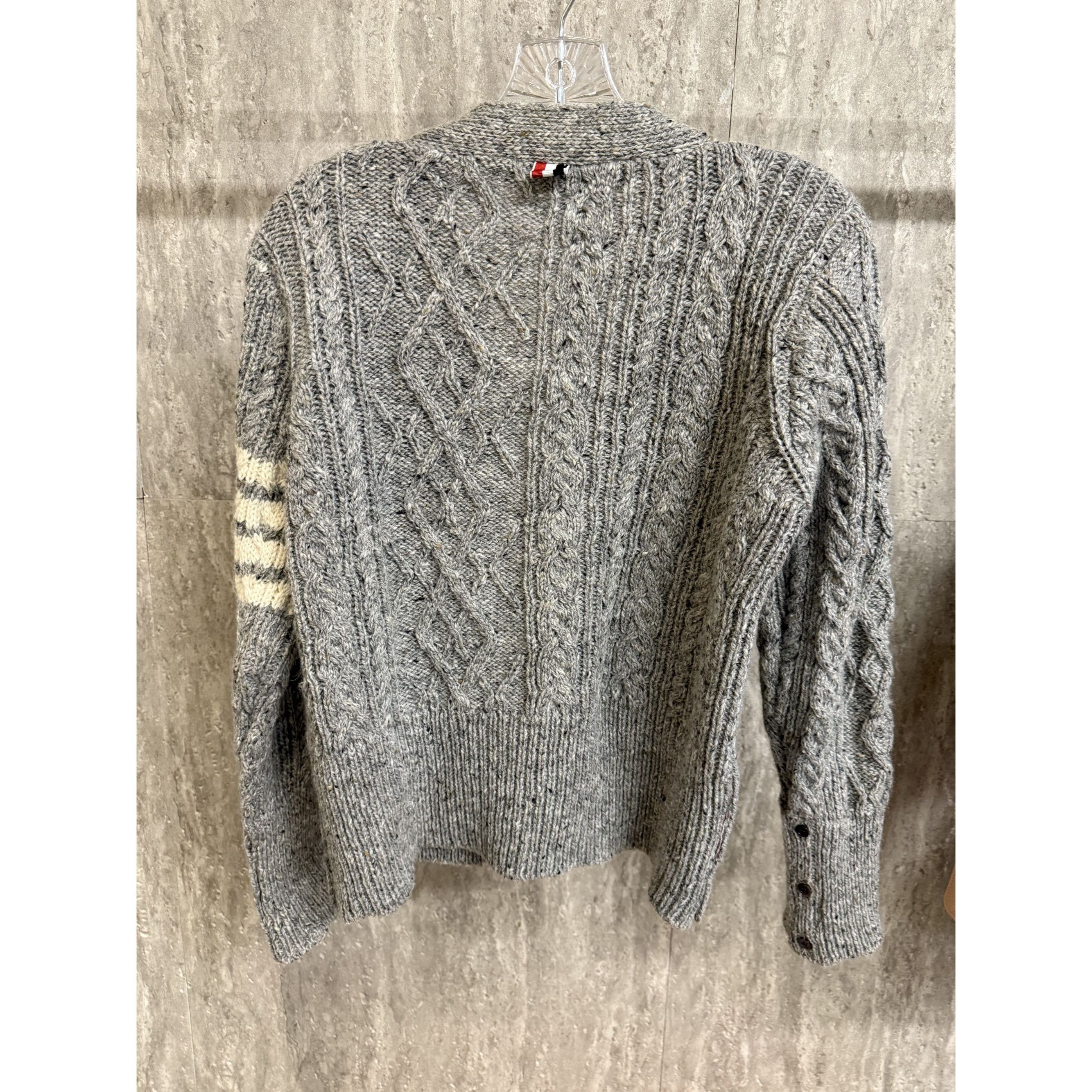 Thom Browne Thom Browne Gray Cable Knit Wool Cardigan With Signature Str Size XXS / US 00 / IT 34 - 2 Thumbnail