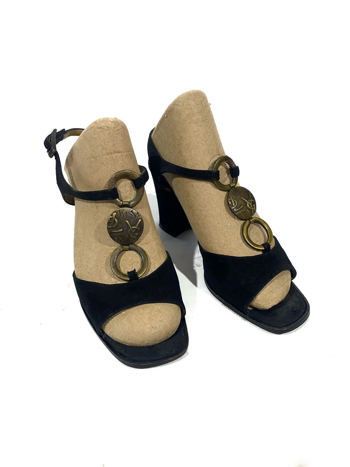 Yves Saint Laurent Yves Saint Laurent Black Velour Gold Logos Heels Size 36.5 Size US 6.5 / IT 36.5 - 1 Thumbnail