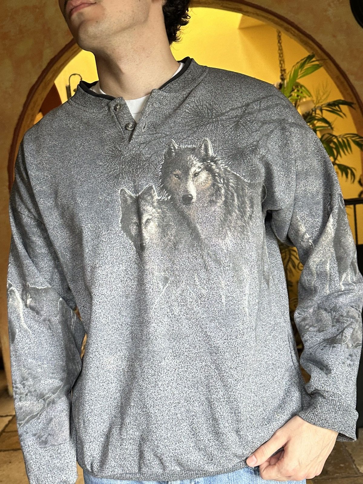 Vintage 🍂 Vintage 90s Wolves Henley Pullover Sweatshirt Size US L / EU 52-54 / 3 - 5 Thumbnail