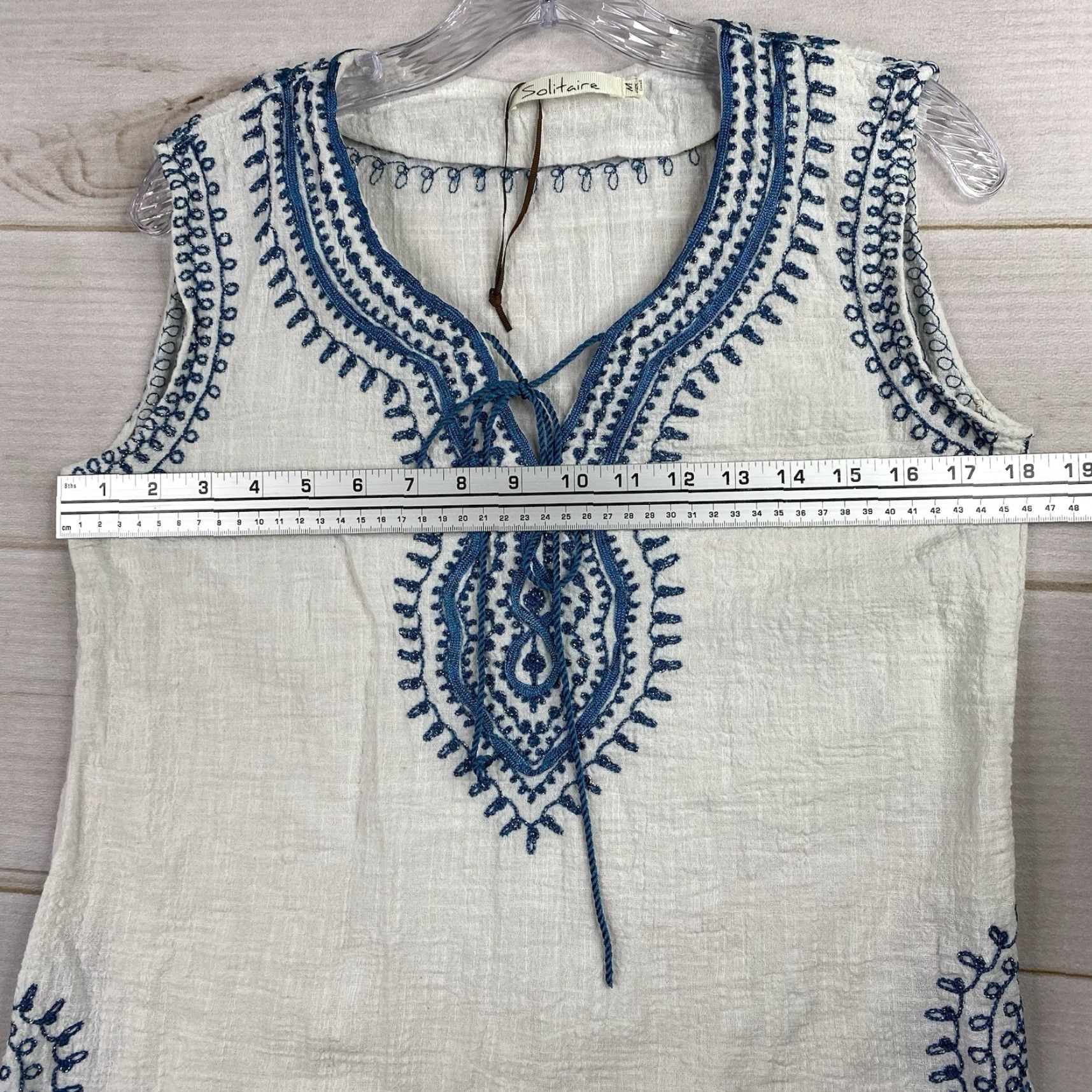 Vintage Solitaire Womens Top M White Embroidered Boho Tie Neck Sleeveless Chiffon Cotton Casual Shirt Size M / US 6-8 / IT 42-44 - 5 Thumbnail