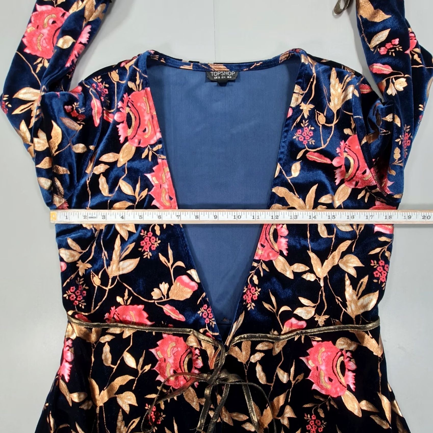Topshop Topshop Womens Midi Wrap Dress Navy 8 UK Velvet Floral Foil Floral Dress Wrap, V-Neck, Long Sleeve, Party/Cocktail, Regular, Blue, Womens, 8 UK Size M / US 6-8 / IT 42-44 - 6 Thumbnail