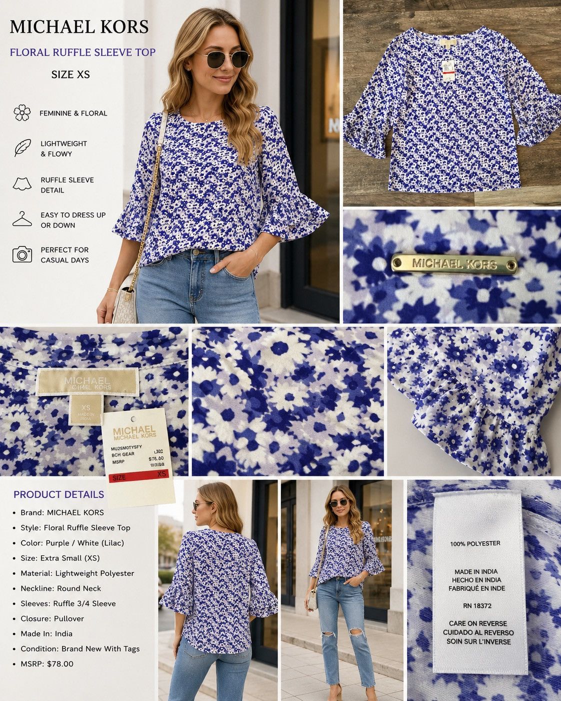 Michael Kors Michael Kors Floral Ruffle Sleeve Top Size XS / US 0-2 / IT 36-38 - 1 Thumbnail
