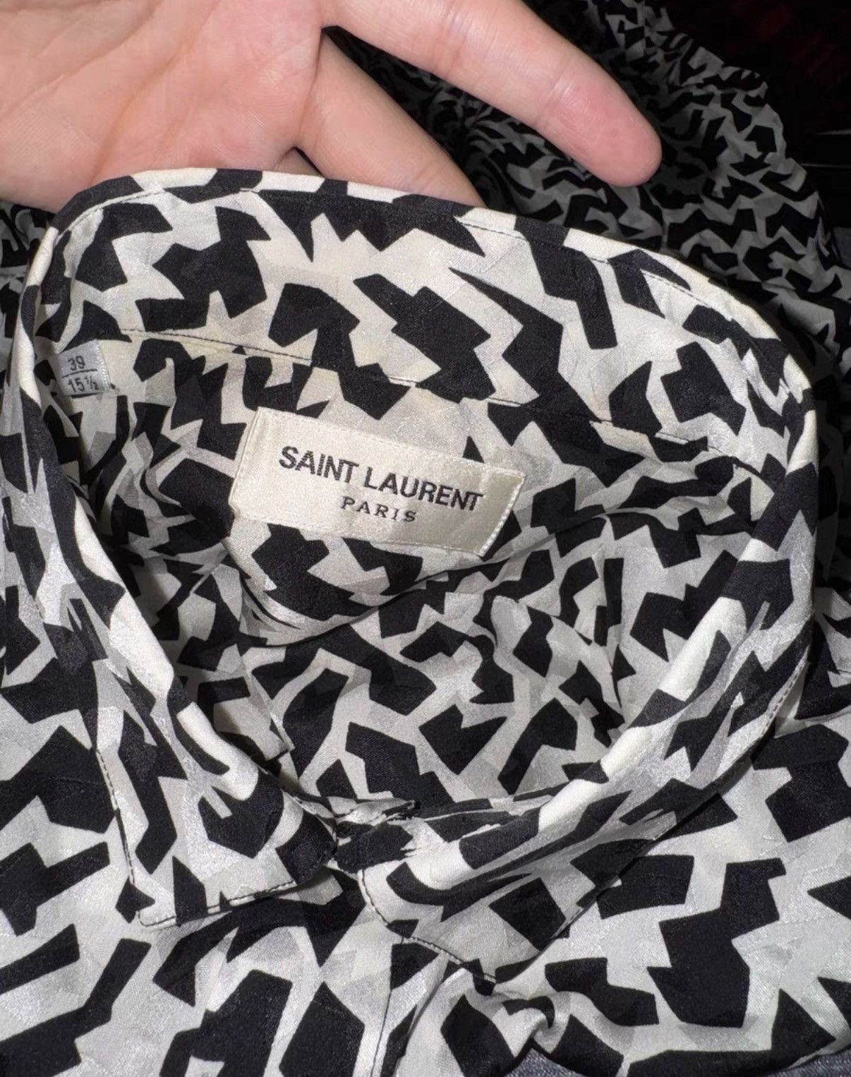 Saint Laurent Paris SLP 21FW Runway Silk Black/White Geometric Block Shirt Size US L / EU 52-54 / 3 - 5 Thumbnail