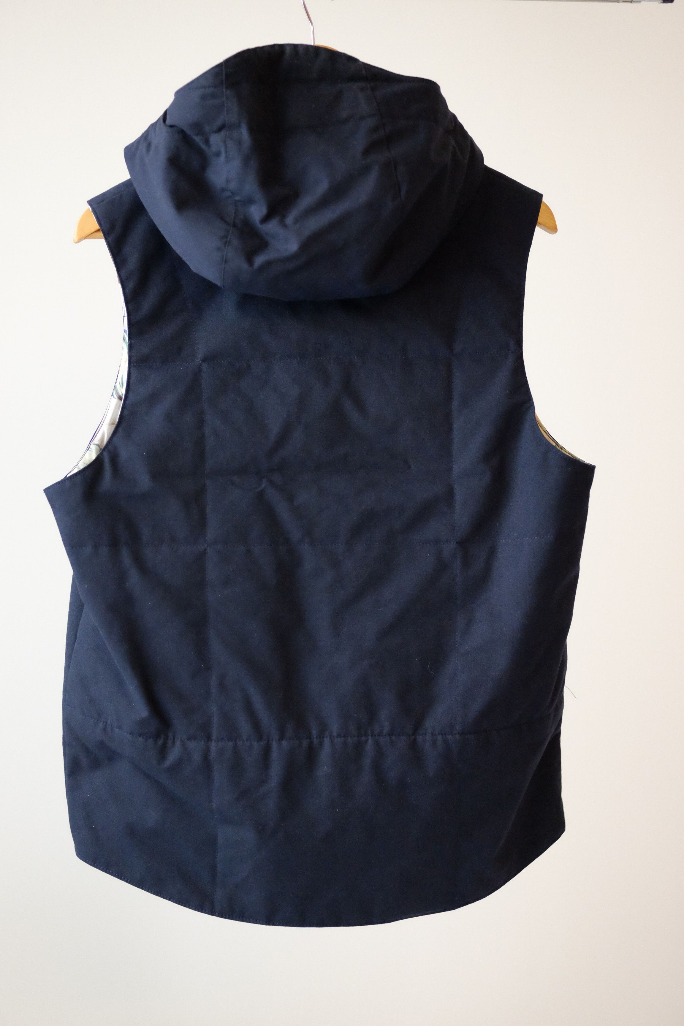 Engineered Garments Navy Hooded Work Vest w/ Floral Lining