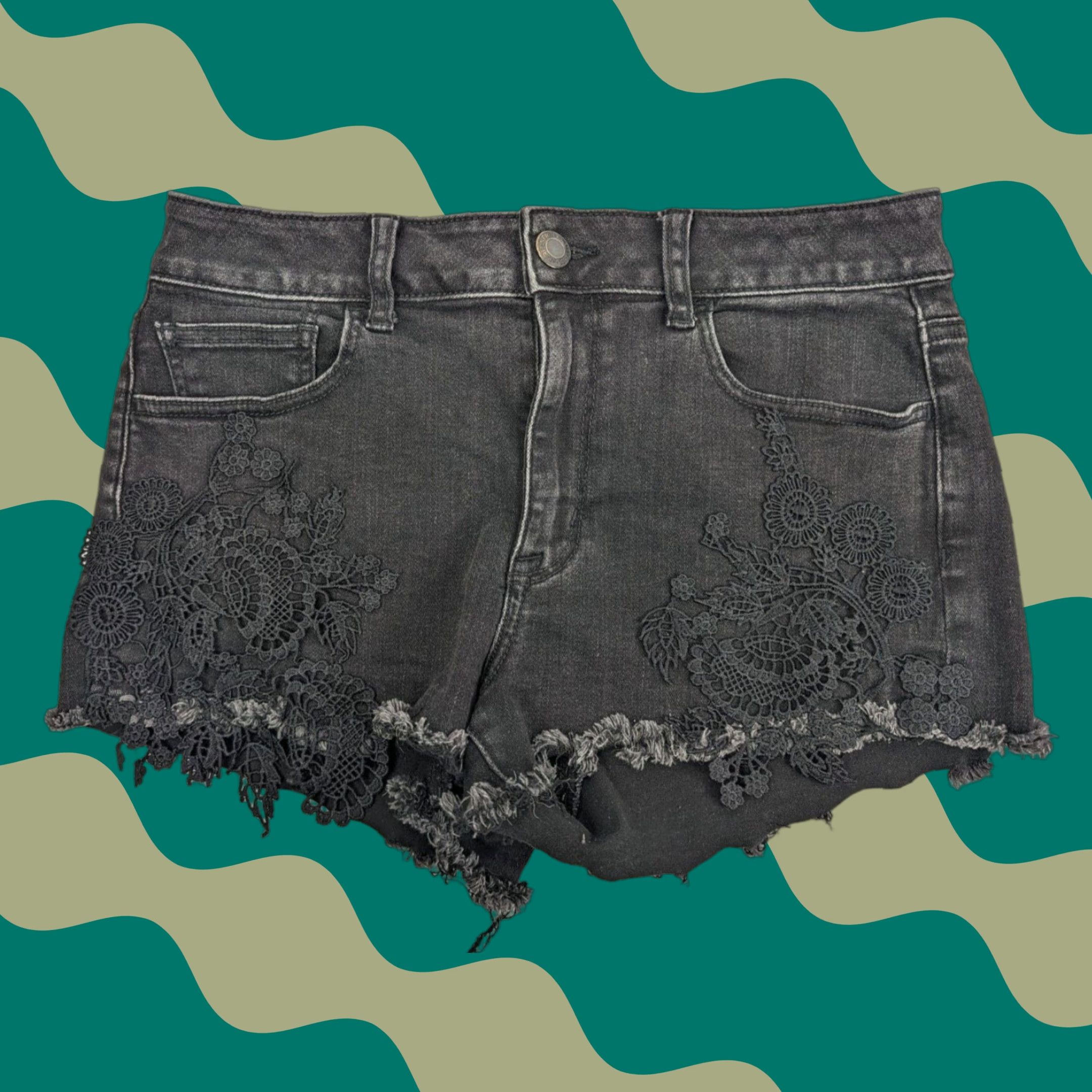 American Eagle Outfitters American Eagle Outfitters Shortie Denim Black 10 Womens High Rise Stretch 5-Pocket Button Zipper Fringe Embroidered Lace Detail Casual Short Size 32" / US 10 / IT 46 - 1 Thumbnail