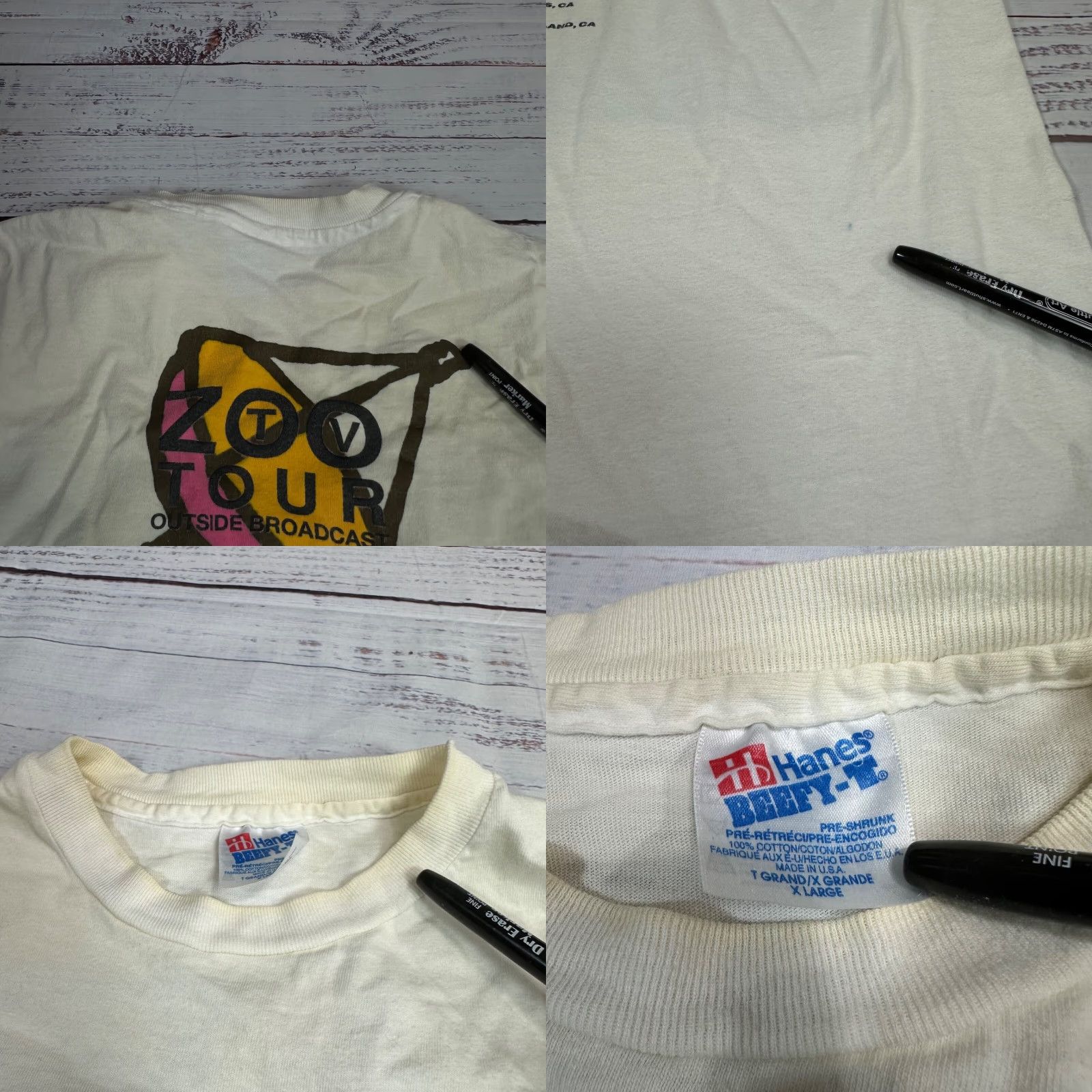 Hanes VINTAGE U2 Zoo TV Band Tour T-Shirt XL White Double-Sided 1992 Hanes Mens XL White Tee Shirt Size US XL / EU 56 / 4 - 8 Thumbnail